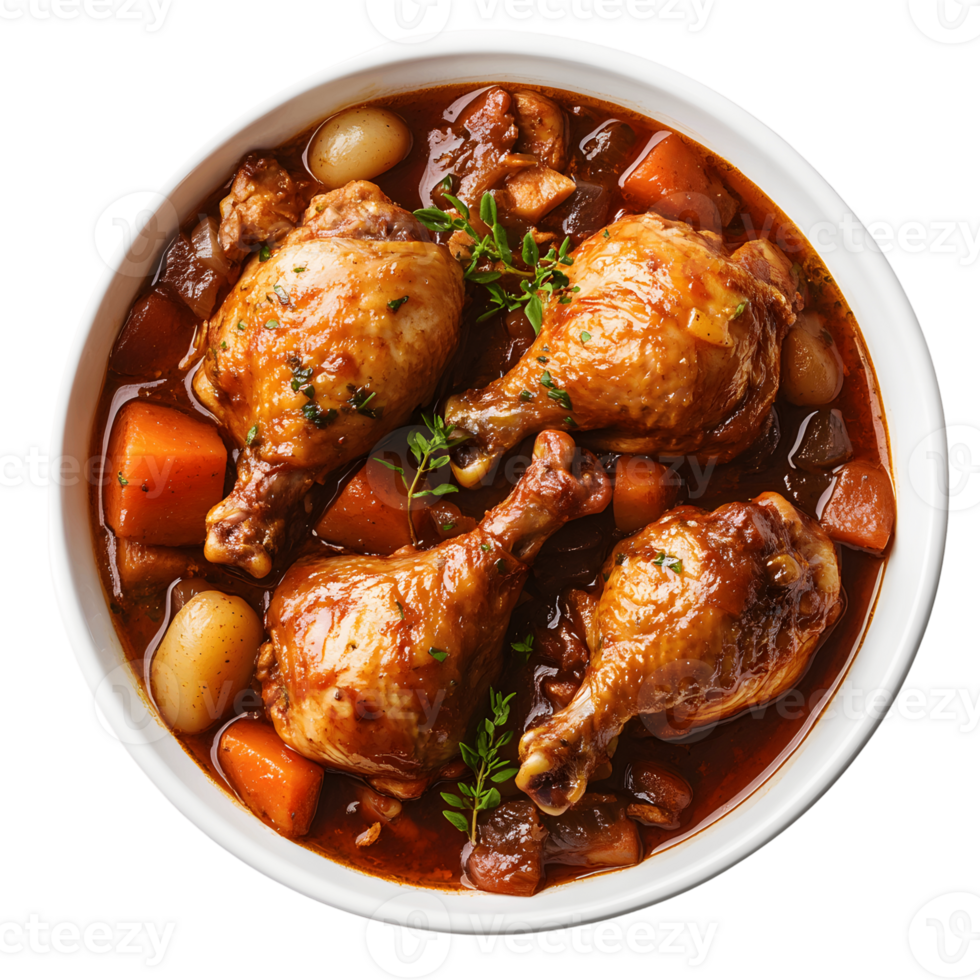 A bowl of coq au vin, a French chicken stew with red wine png