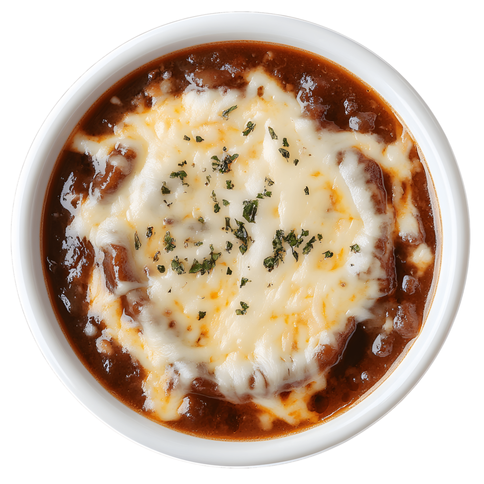 A bowl of French onion soup topped with melted cheese png