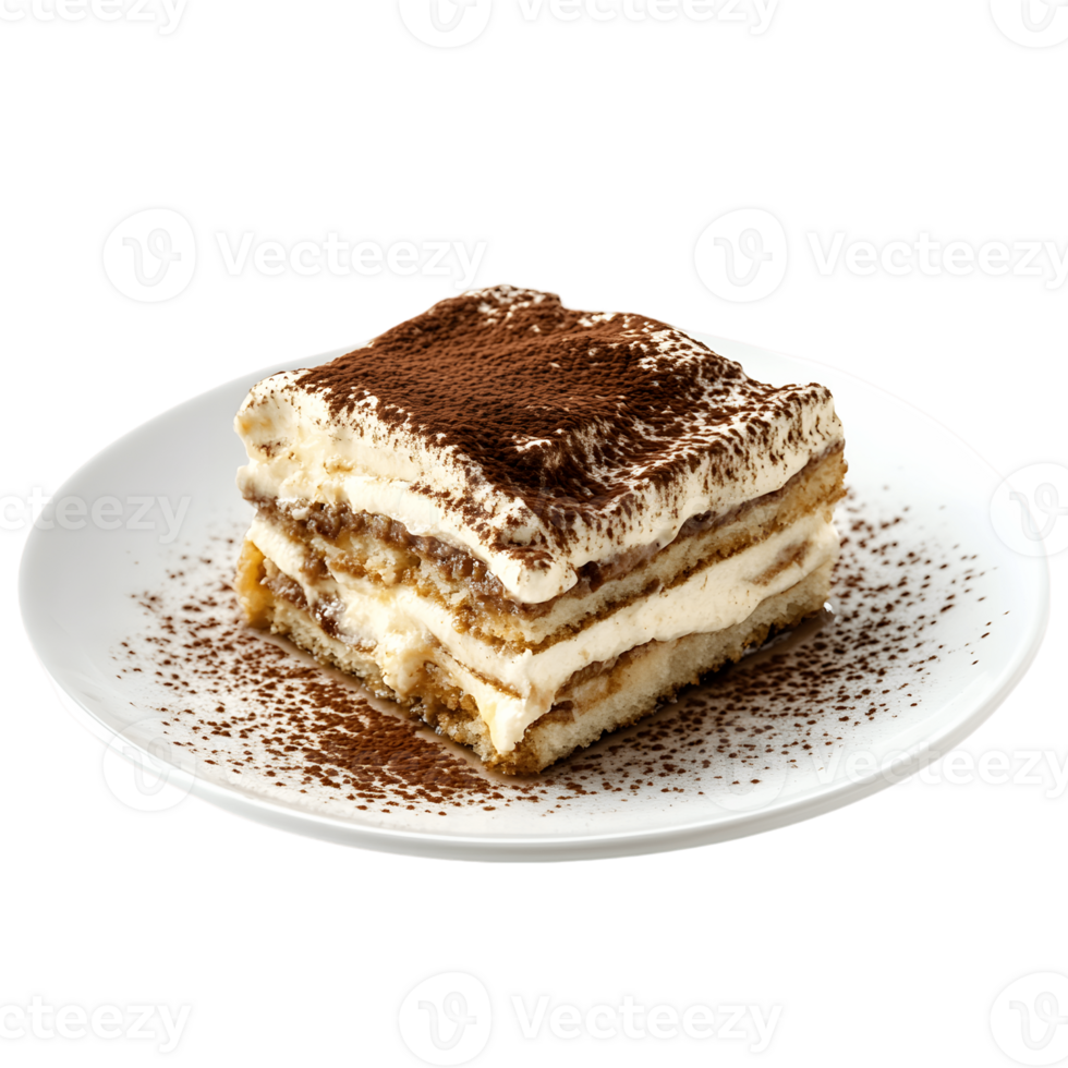 A serving of tiramisu dessert with cocoa powder on top png