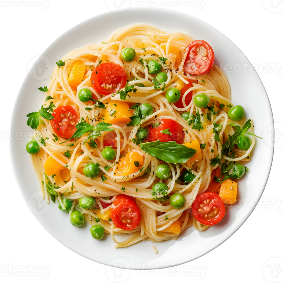 A plate of pasta primavera loaded with fresh vegetables png