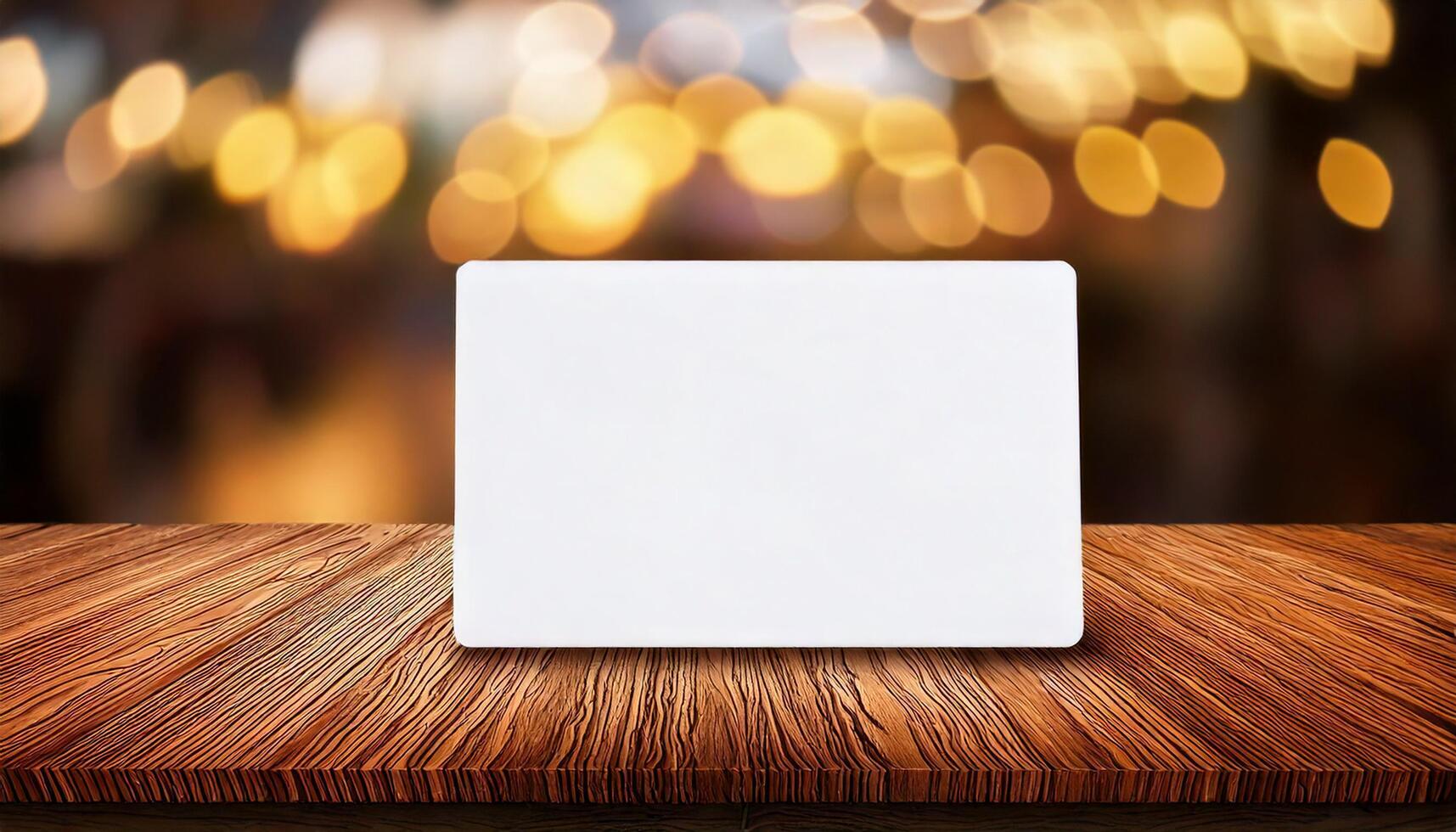 White card on wooden table. Mockup white card. Blank card. Empty card, photo