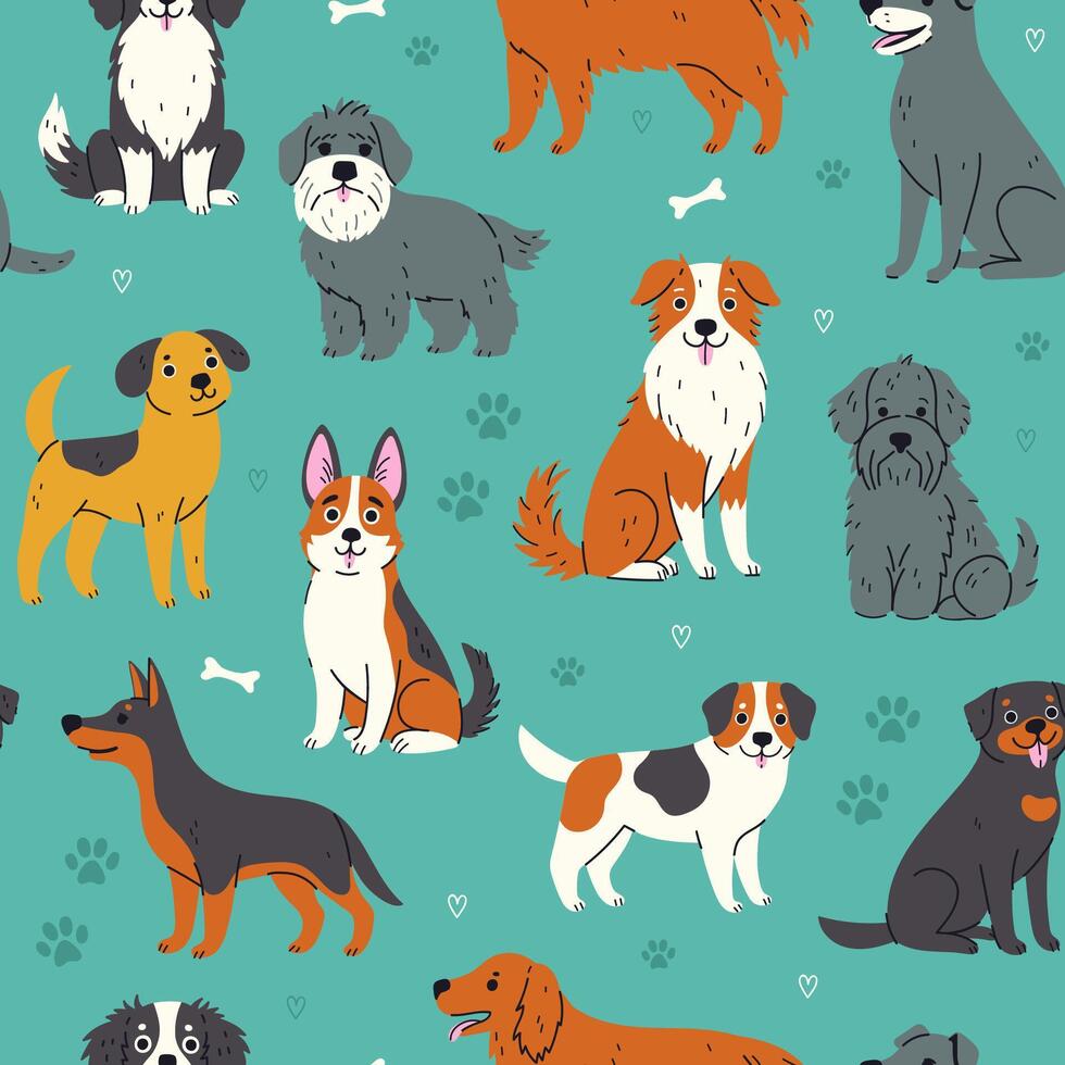 Seamless pattern with cute dogs, footprints and bones on a green background. graphics. vector