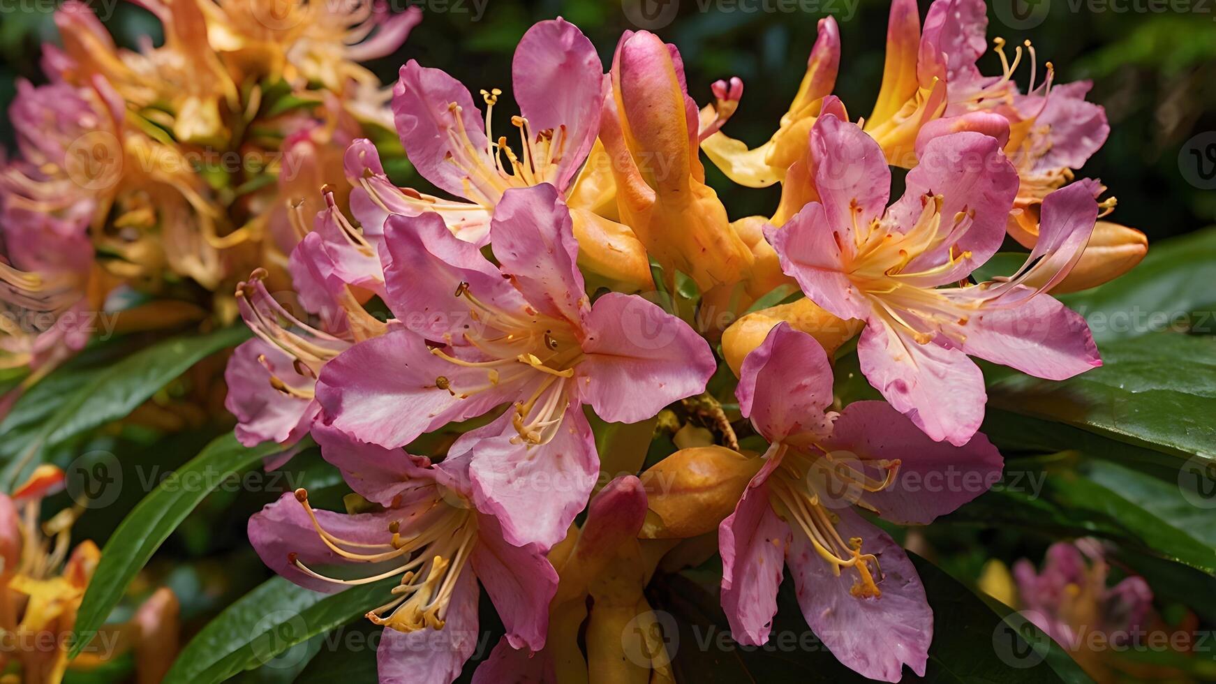 Vibrant Pink and Orange Rhododendron Blossoms in Lush Garden photo