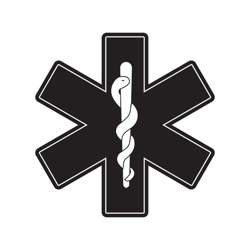 Symbol of Emergency, Paramedic. First aid. Paramedic logo. Star of Life emblem isolated on white background. Medical symbol black Star, vector