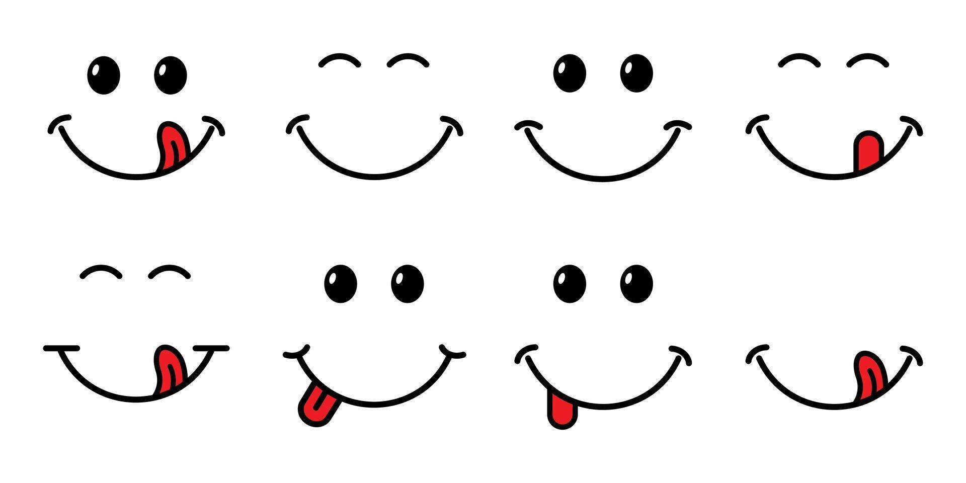 smile face with red tongue set. International happiness day icon. Smiling or Smile Icons Design Template, Simple Faces Collection Isolated on White Background. vector
