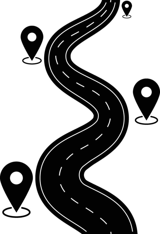 Highway road map with pins. Winding road navigation, city map timeline roadmap pathway, Car road direction. vector