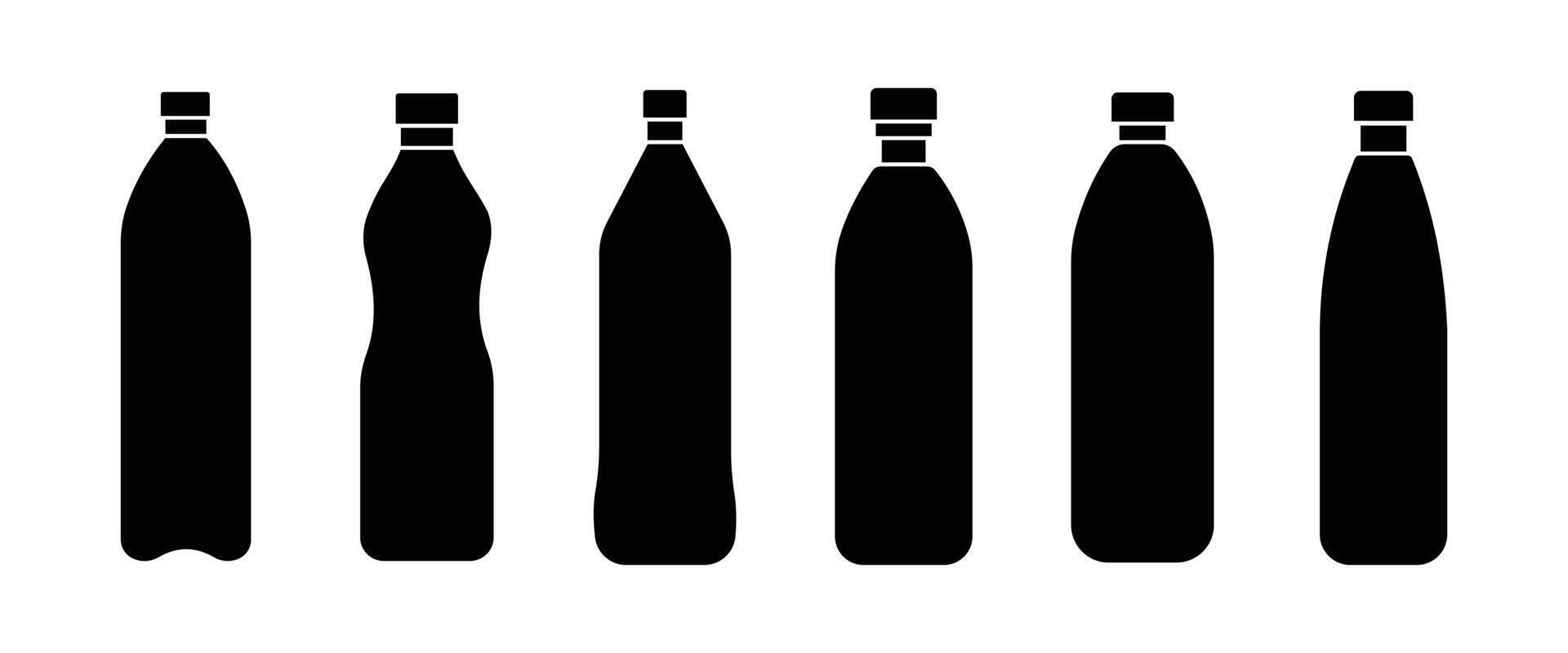 Set of black bottle icons,. Plastic bottle icon in flat. collection for a Container water bottle sign. PET bottle plastic isolated on white background. vector