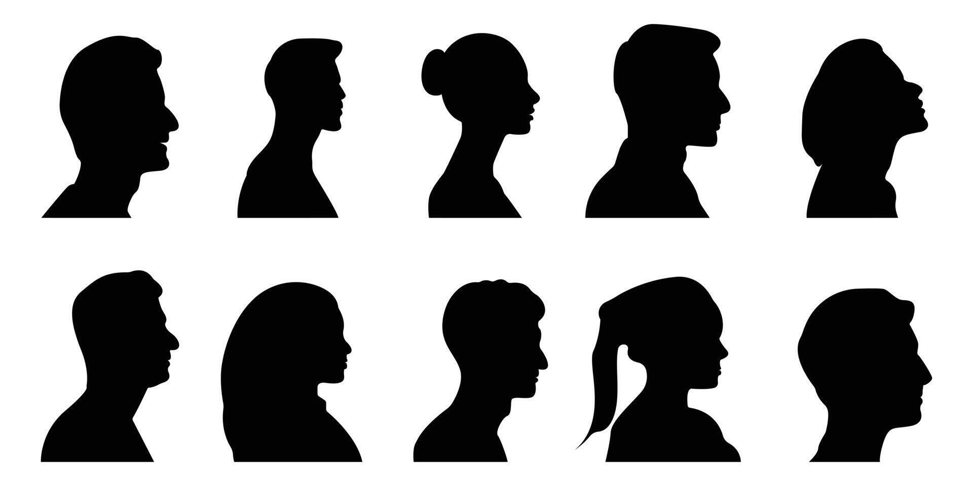 Head profile silhouette mega set in flat, Human face portrait side view , Man and woman side face avatar portrait different age and generation black silhouette. vector
