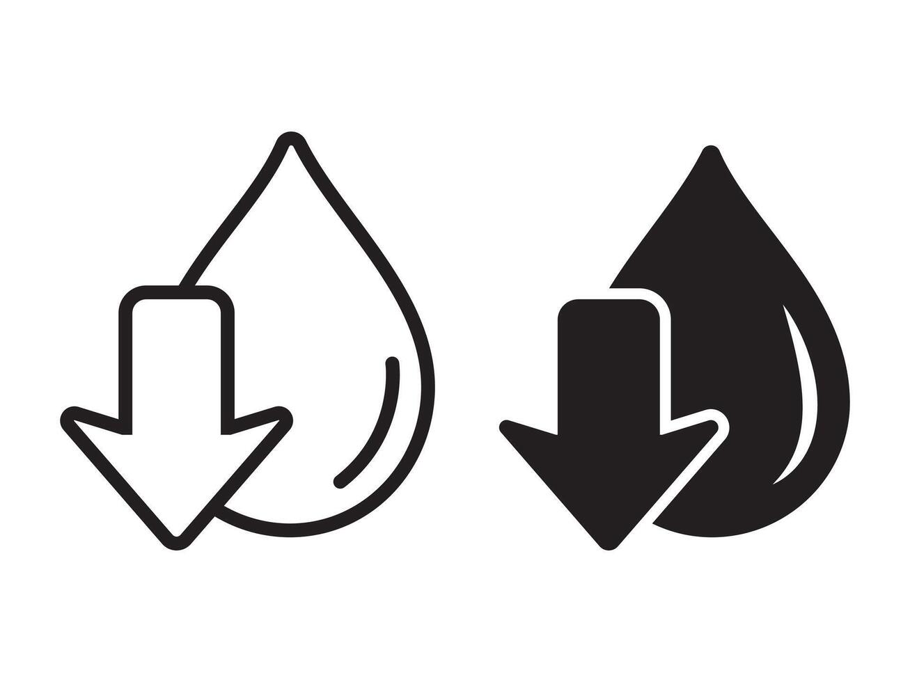 Low water level icon. Droplet with arrow down symbol. Reduce water usage icon, Supply shortage illustration isolated. vector