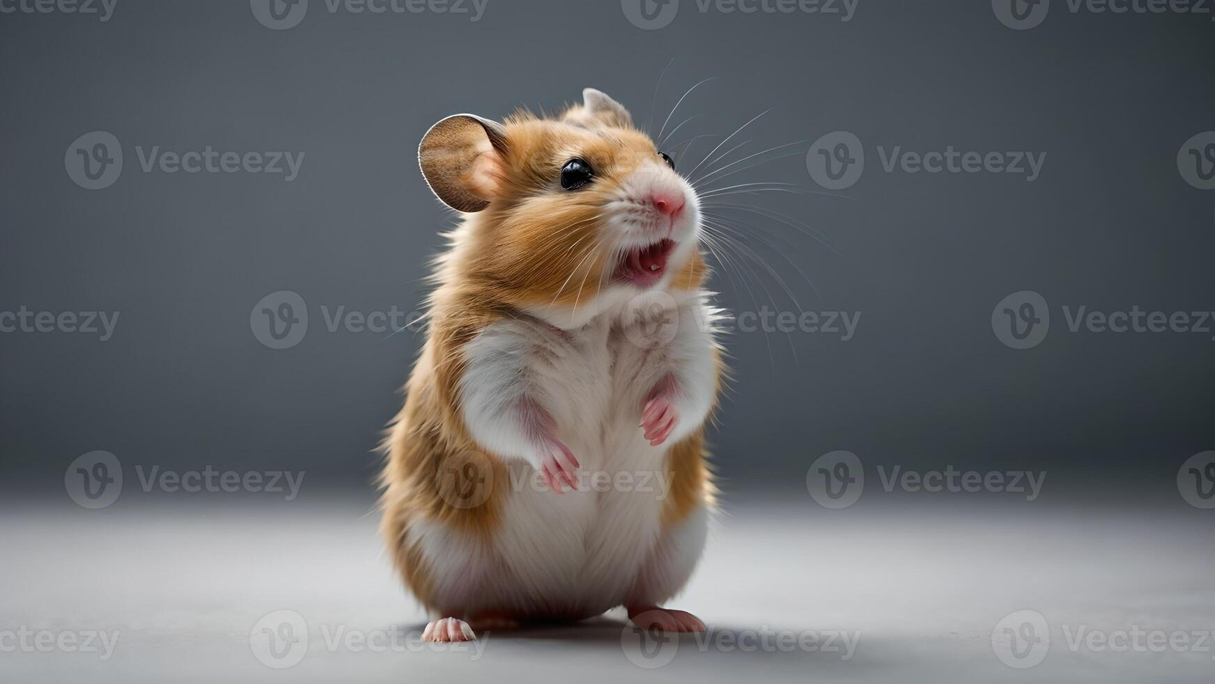 Playful Hamster Standing on Hind Legs with Paws Raised Against a Gray Background photo