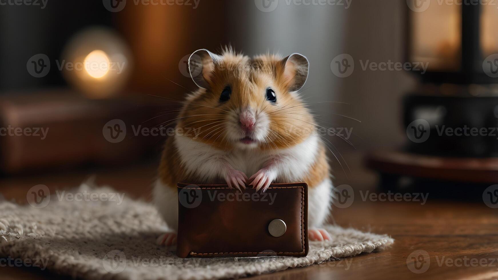 Adorable Hamster Holding a Leather Wallet in a Cozy Home Environment photo