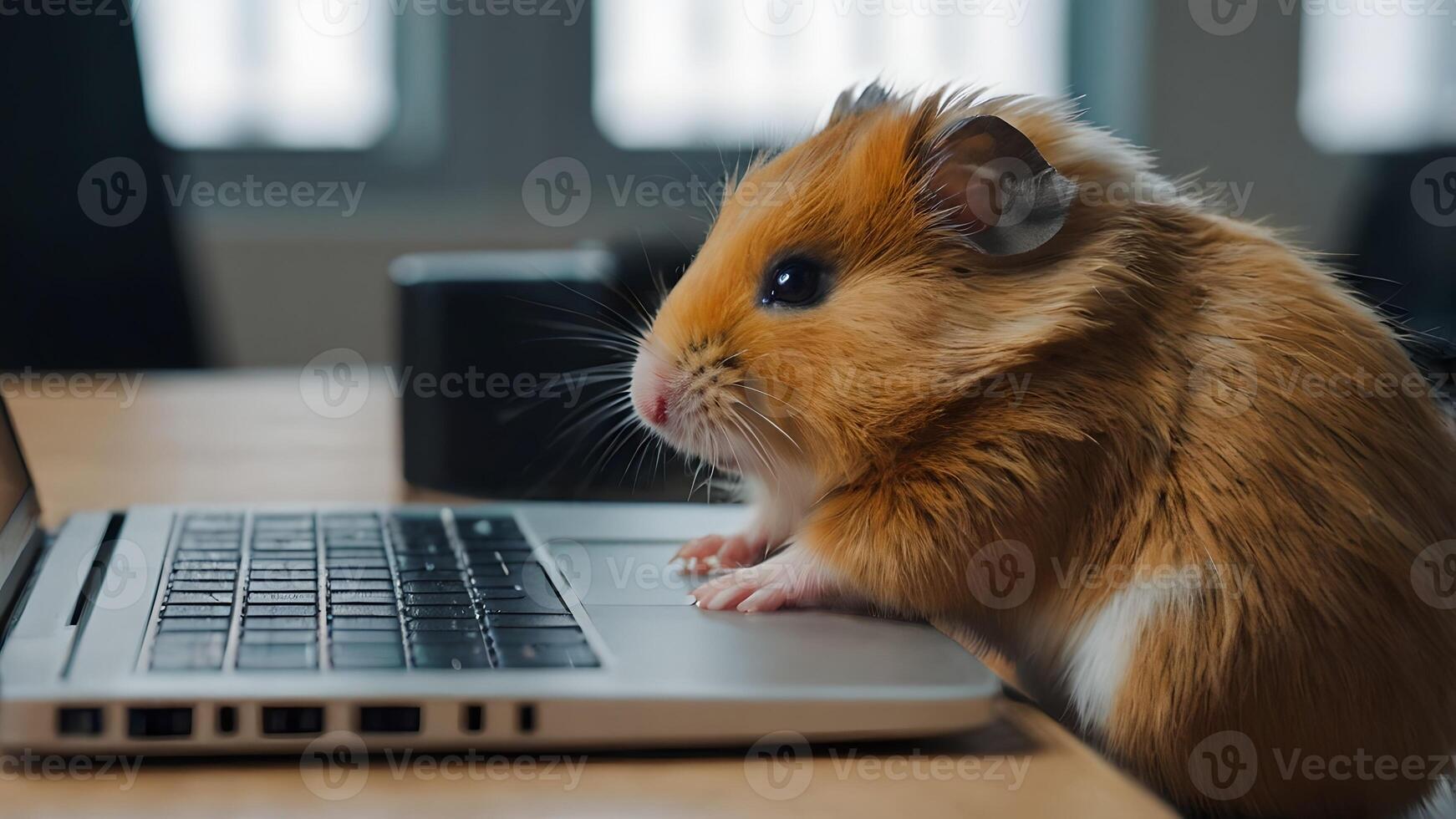 Adorable Hamster Working on a Laptop in a Cozy Home Office photo