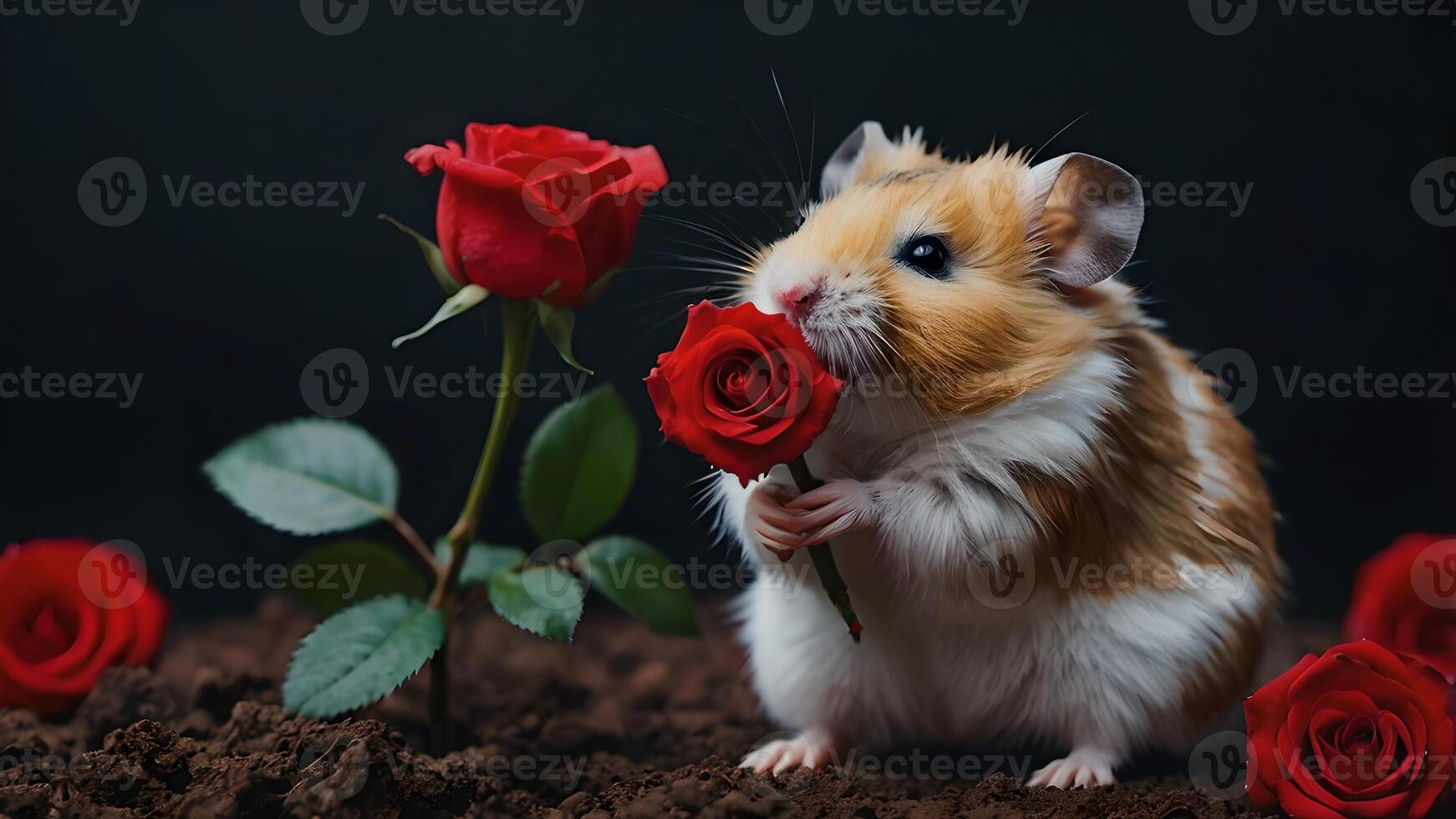 Cute Hamster Sniffing A Red Rose In Minimalist Setting photo