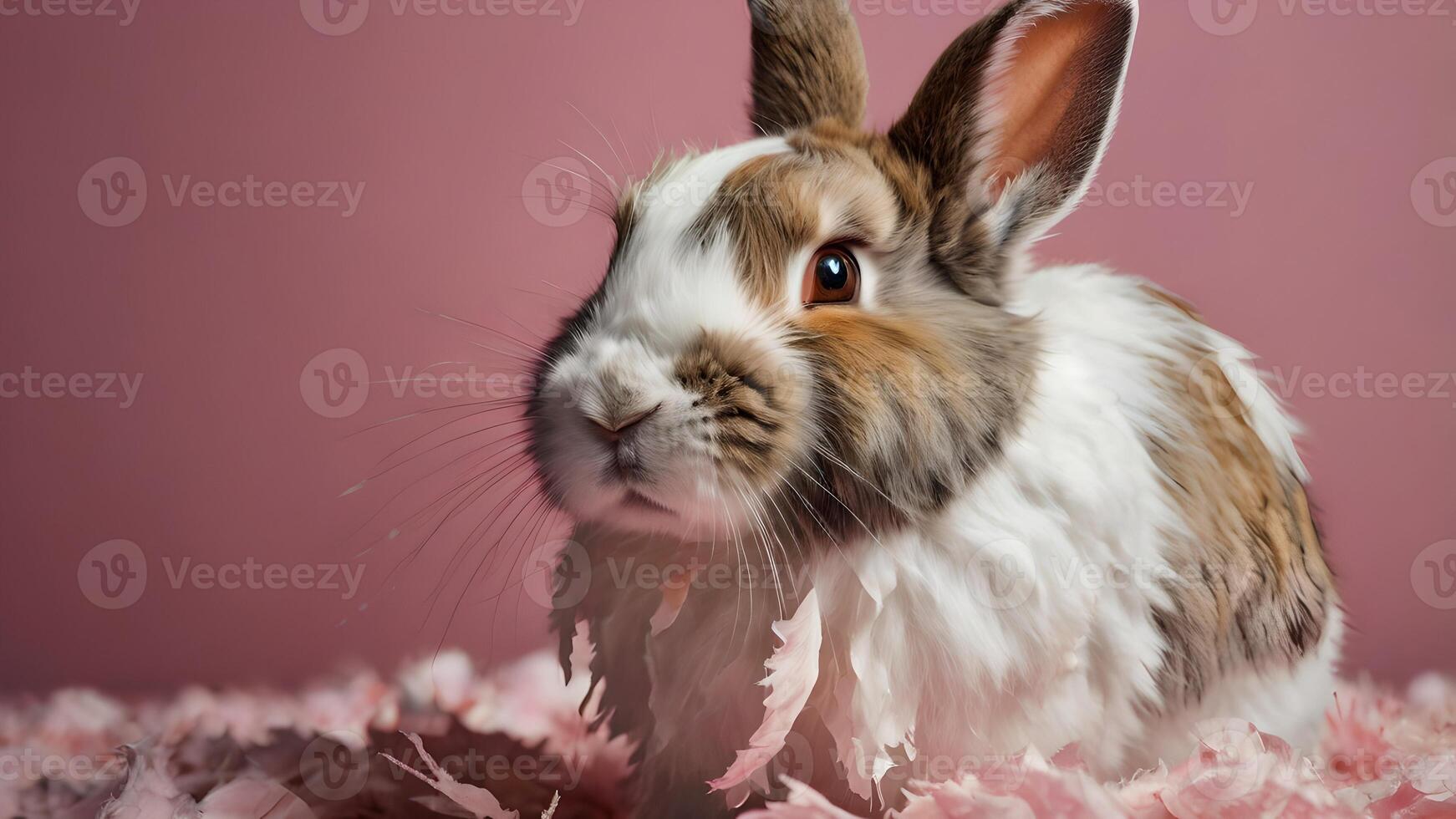 Adorable Brown And White Rabbit Peeking Out Of A Pink Background photo