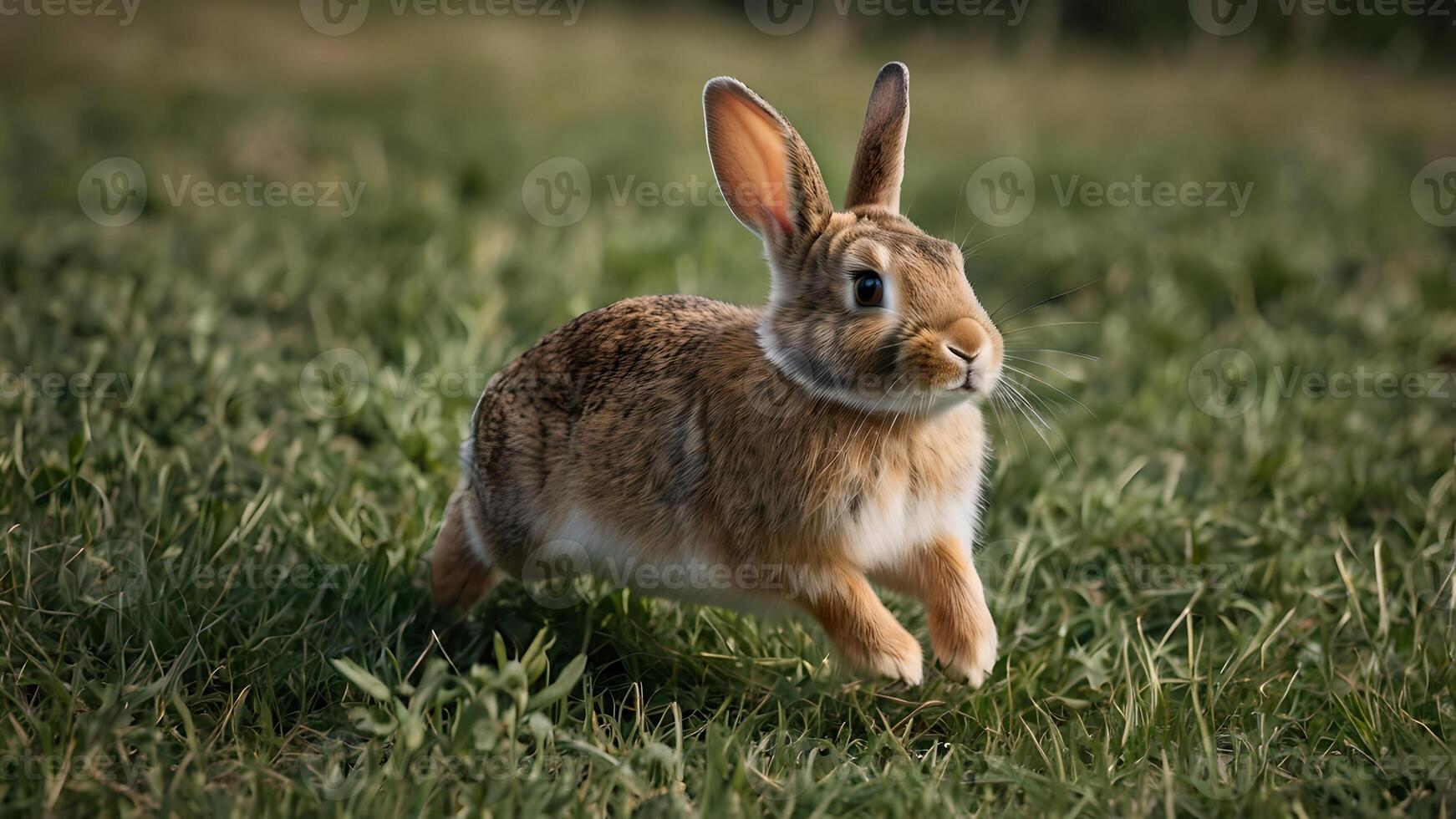 A Curious Bunny Rabbit Hopping Through a Field of Lush Green Grass photo