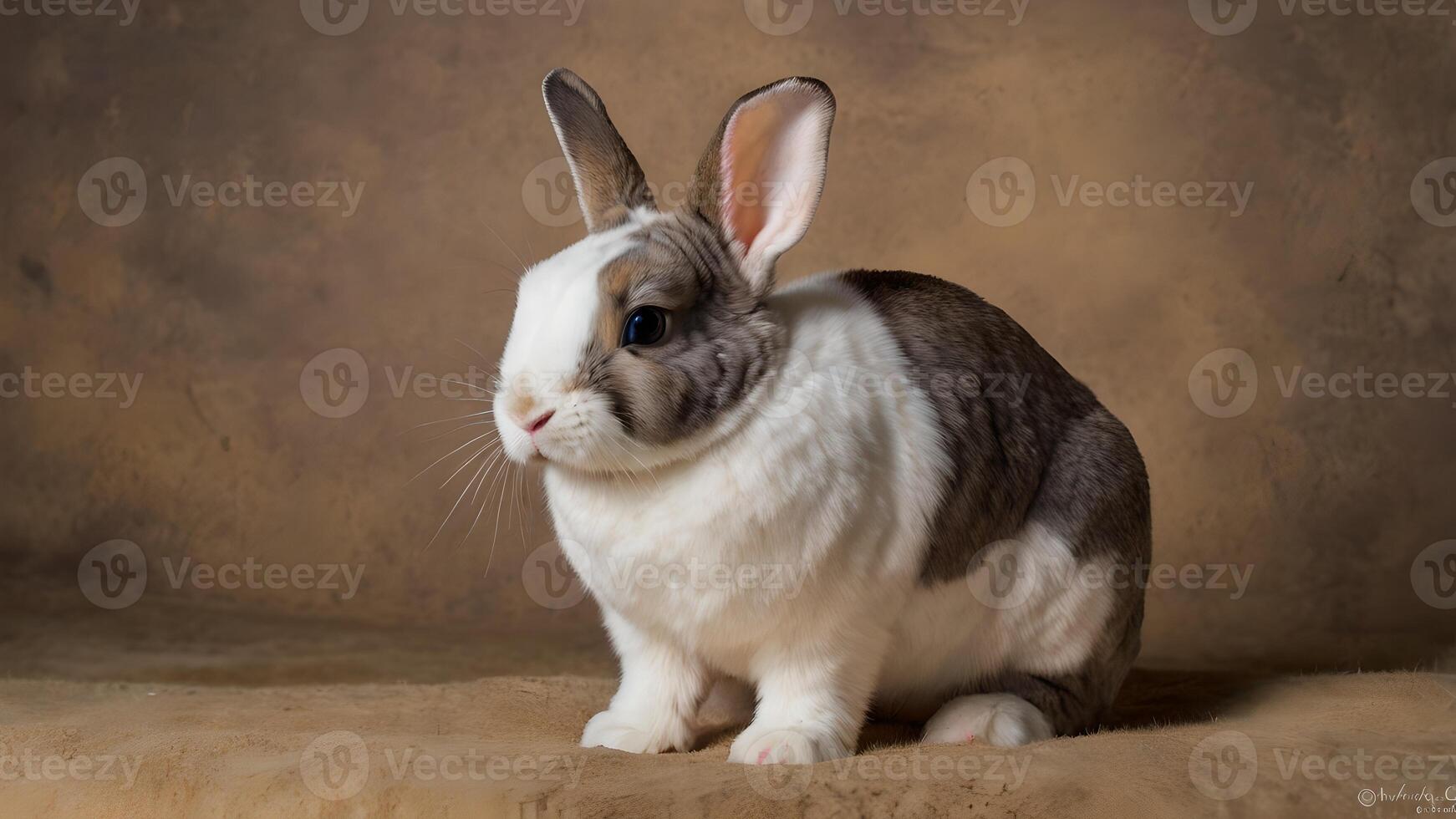 Adorable Mini Rex Rabbit with White and Grey Fur Posing on Brown Background photo