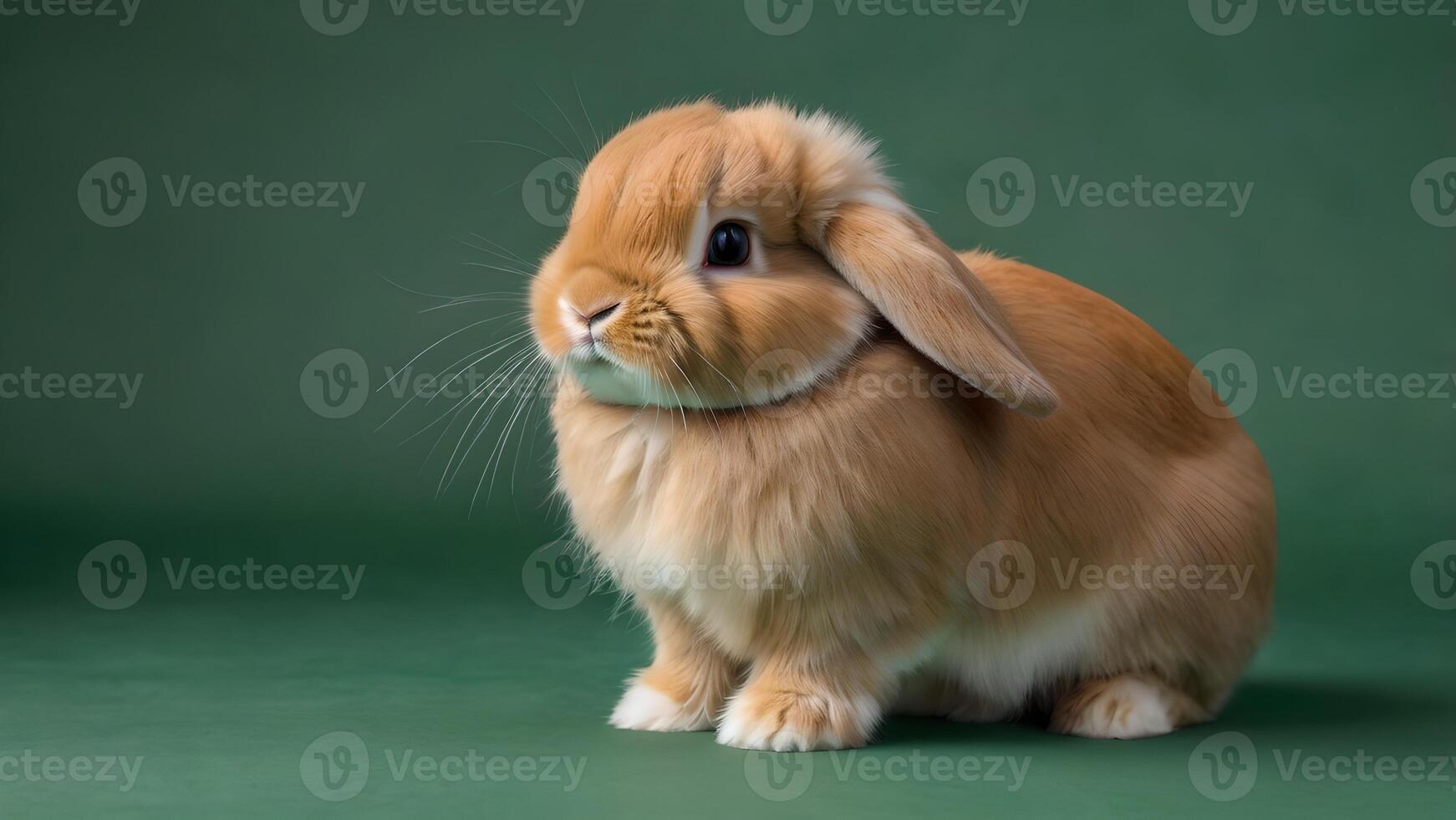 Adorable Orange Holland Lop Rabbit Posing on Green Background photo