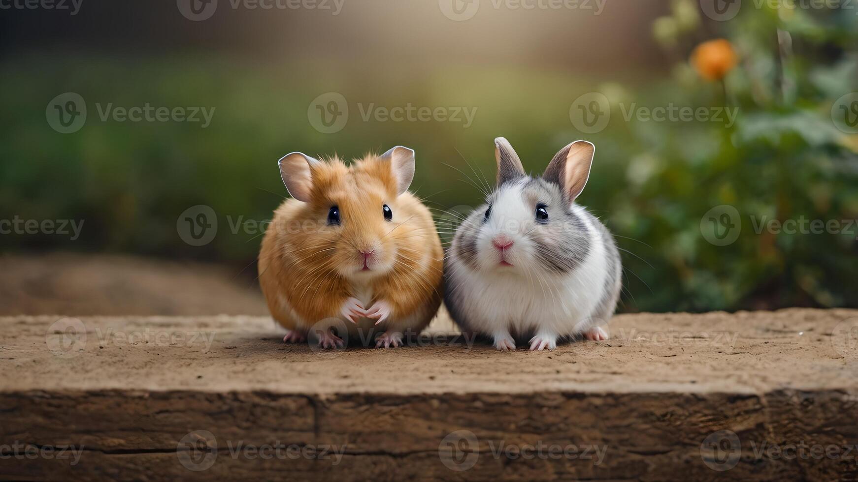 Two Adorable Small Animals, a Hamster and a Rabbit, Sit Side by Side in a Forest Setting, Displaying a Sweet Friendship photo