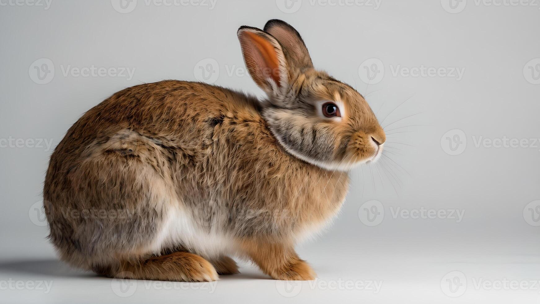 A Curious Brown Rabbit with White Fur on a White Background photo