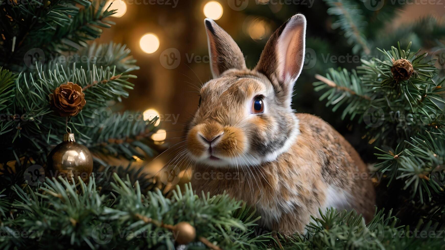 Adorable Rabbit Hiding In A Christmas Tree photo