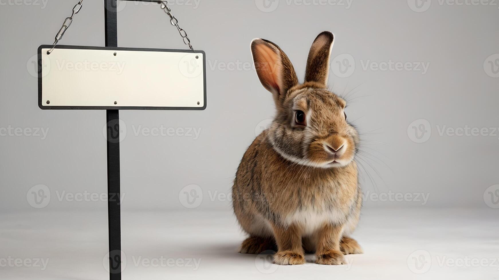 Curious Rabbit Gazing at Blank Signboard on White Background photo