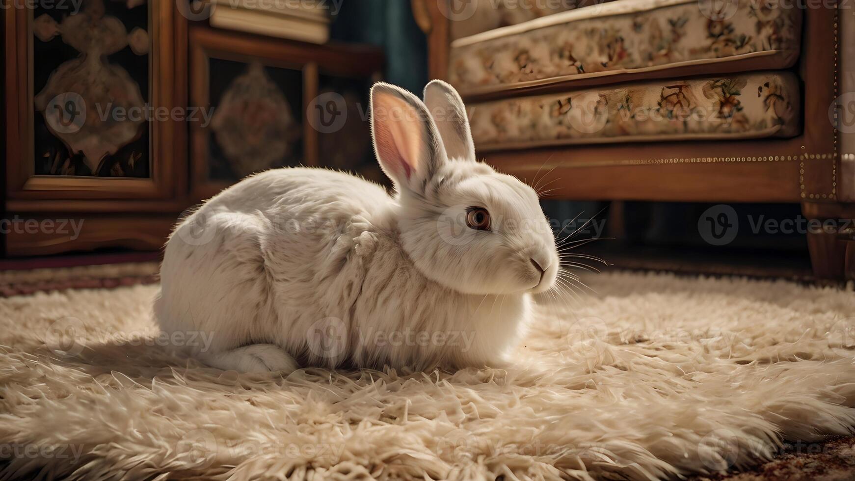 White Bunny Relaxing On Shag Carpet In A Vintage Setting photo