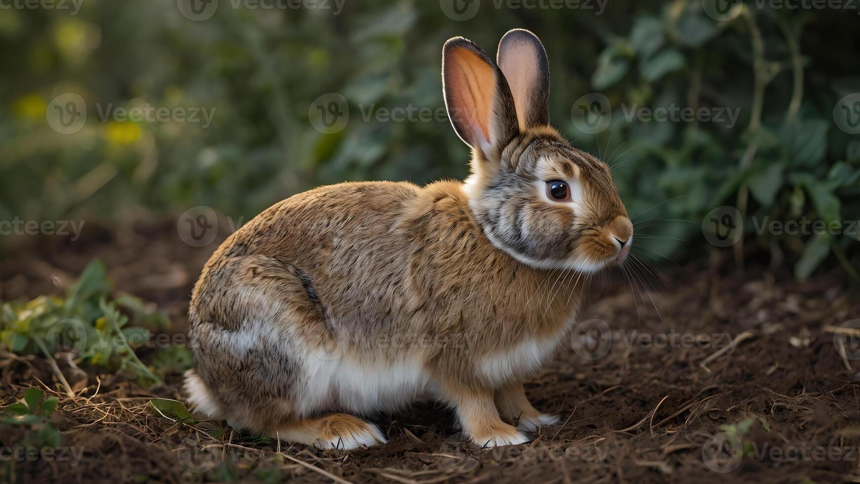 A Brown and White Rabbit Sitting in a Field of Green Plants photo