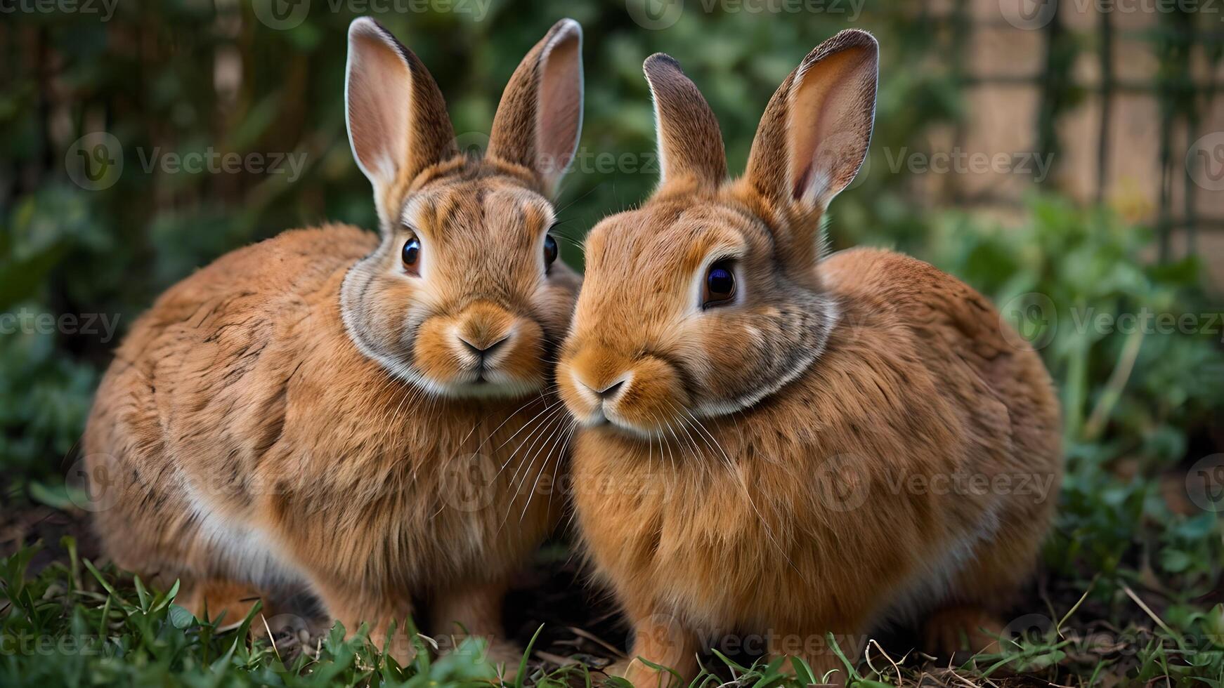 Two Brown Rabbits Sitting Close Together in the Grass photo