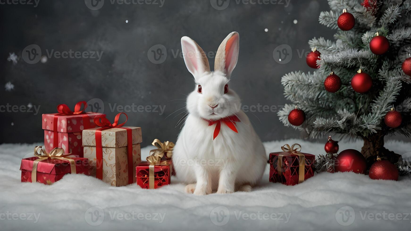 White Rabbit with Red Bow Posing with Christmas Gifts and Christmas Tree photo