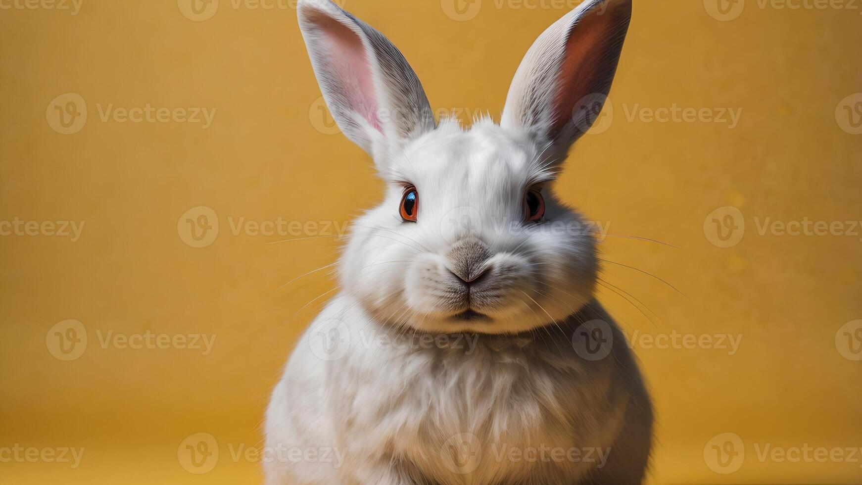 White Rabbit with Orange Eyes on a Yellow Background photo