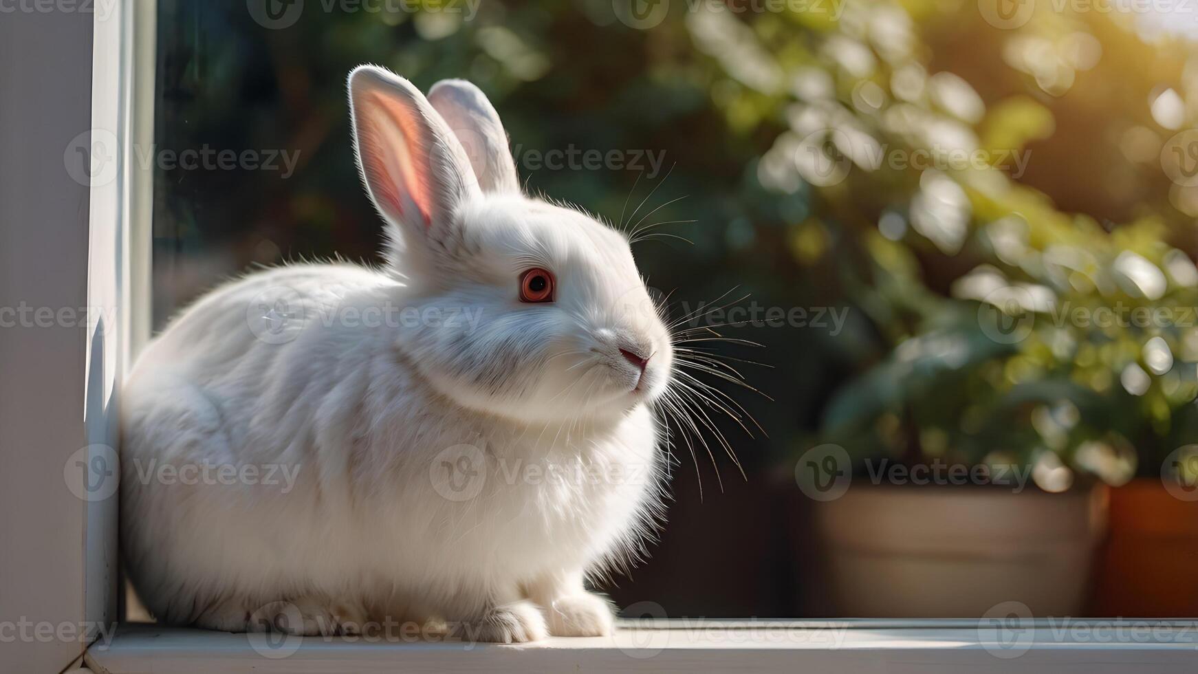 Adorable White Rabbit Gazing Through Window on a Sunny Day photo