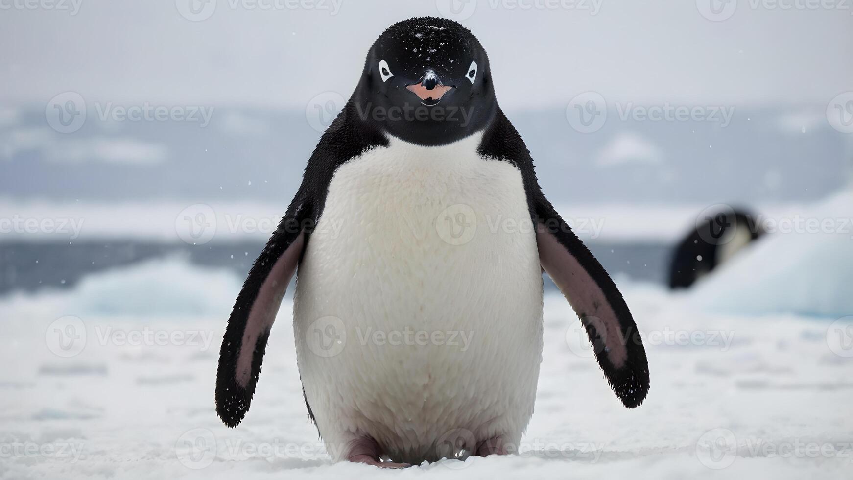 Adorable Adelie Penguin Chick in Antarctic Snowstorm photo