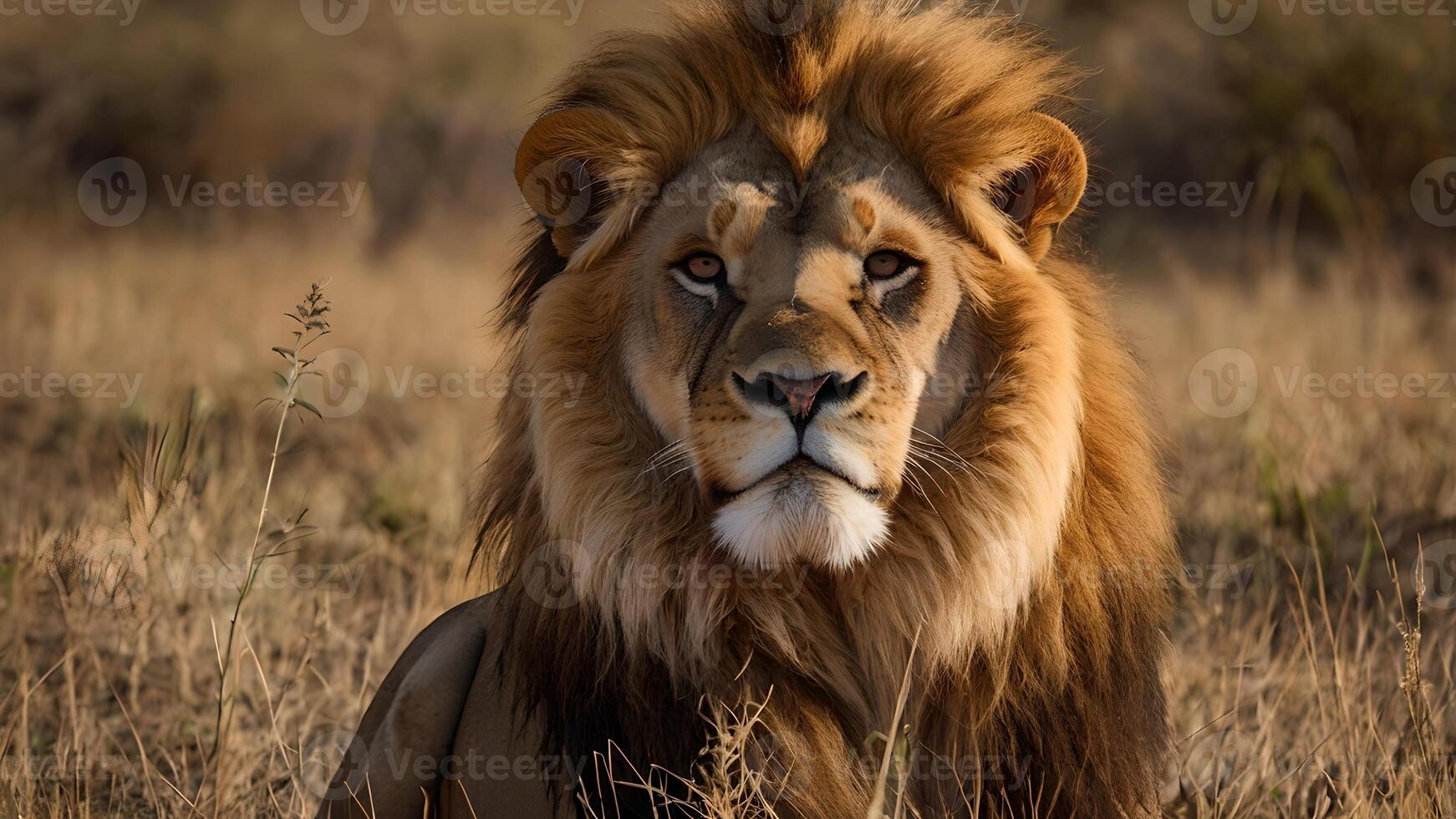 Majestic African Lion Portrait in Savanna Grassland photo