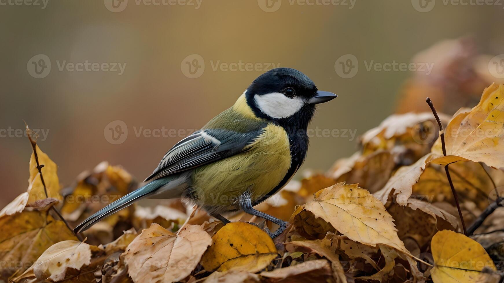 Great Tit Bird in Autumn Leaves Closeup Portrait photo