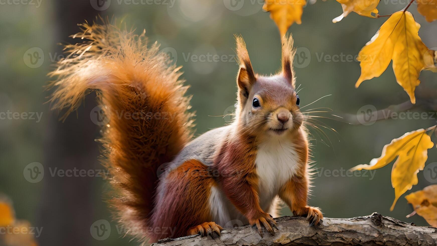 Autumn Red Squirrel on Oak Branch photo