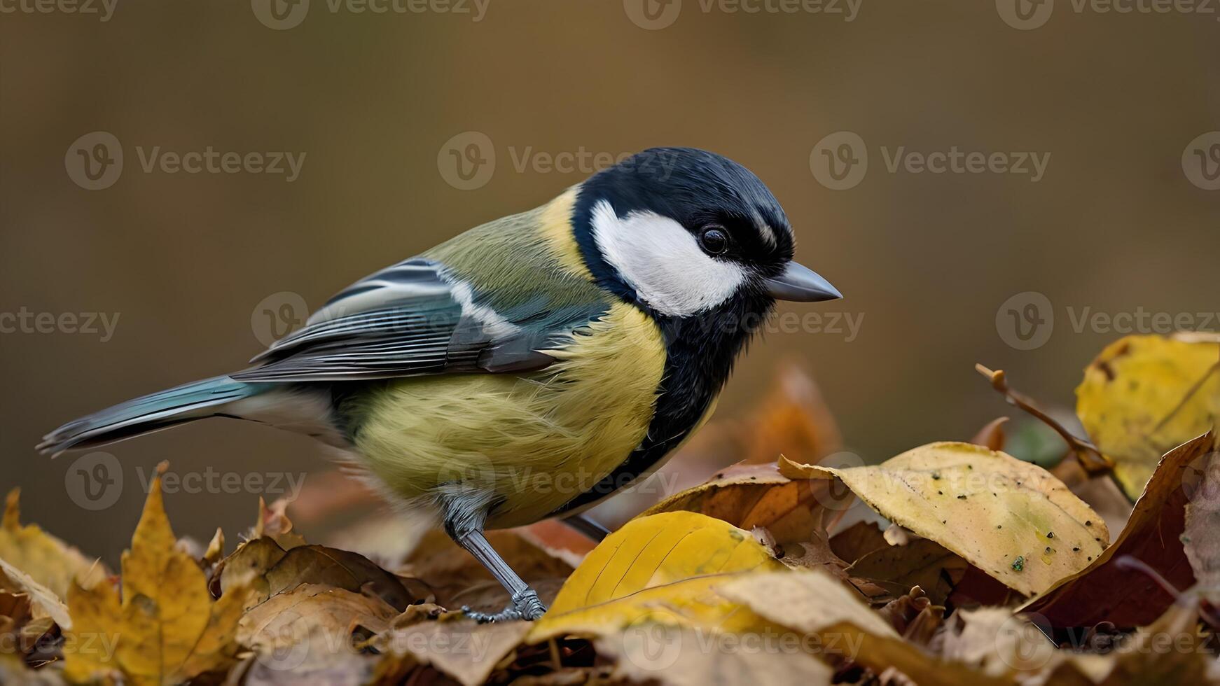 Great Tit Bird Autumn Leaves Close Up Portrait photo