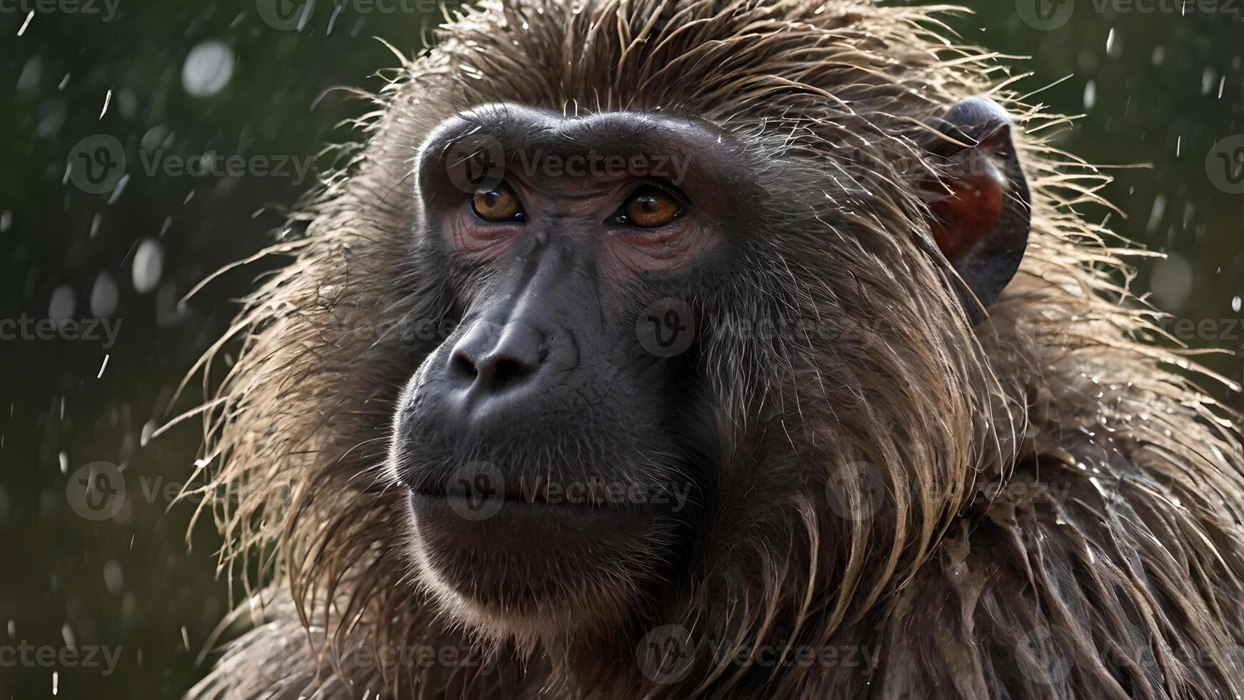 Rain Soaked Baboon Portrait in the Wild photo