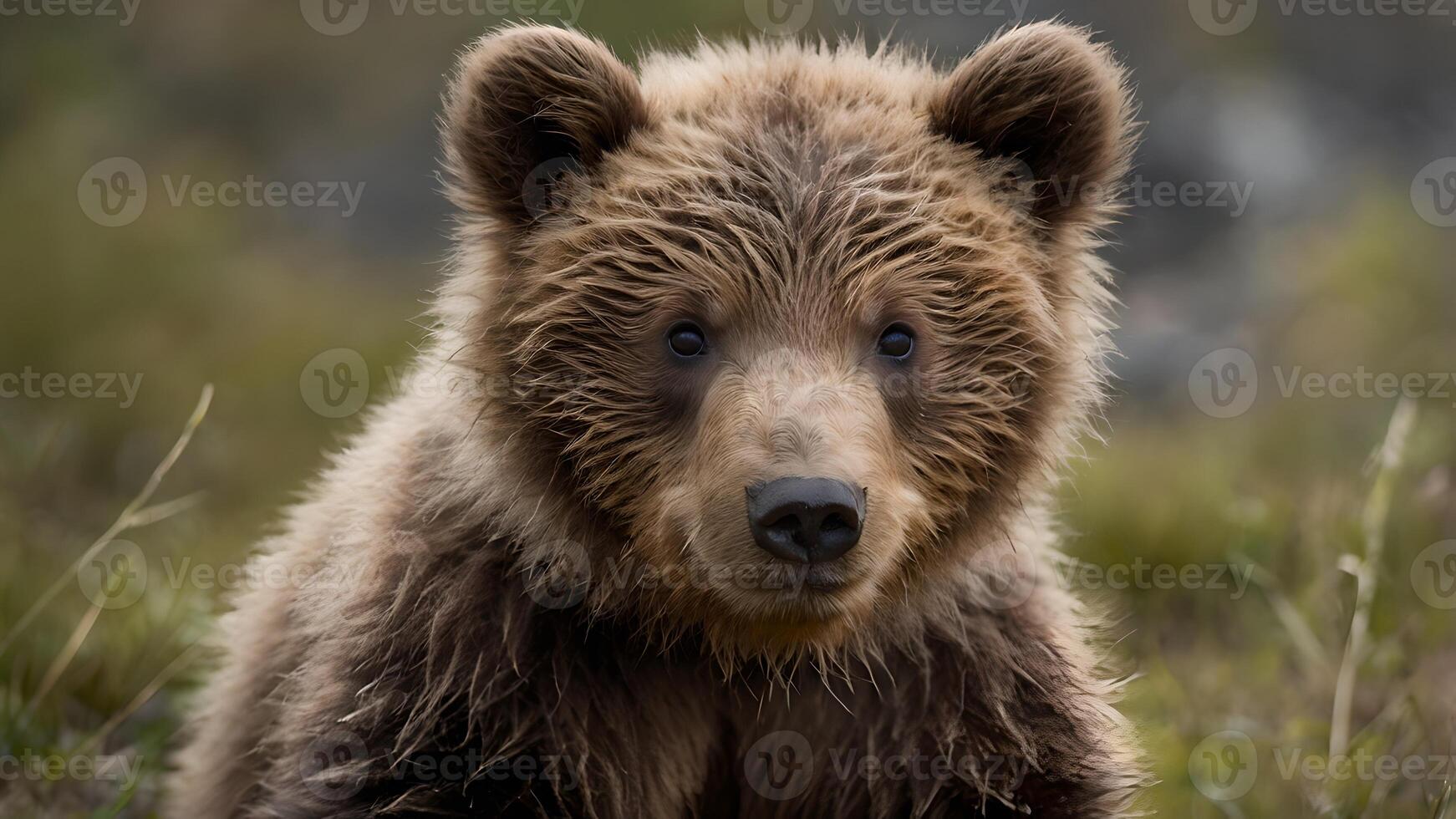 Adorable Wild Brown Bear Cub in Lush Green Habitat photo