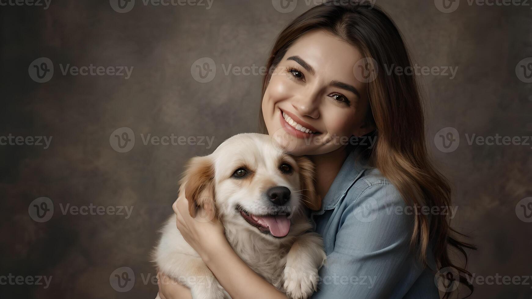 Happy Woman Embracing Adorable Golden Retriever Puppy Against Rustic Background photo