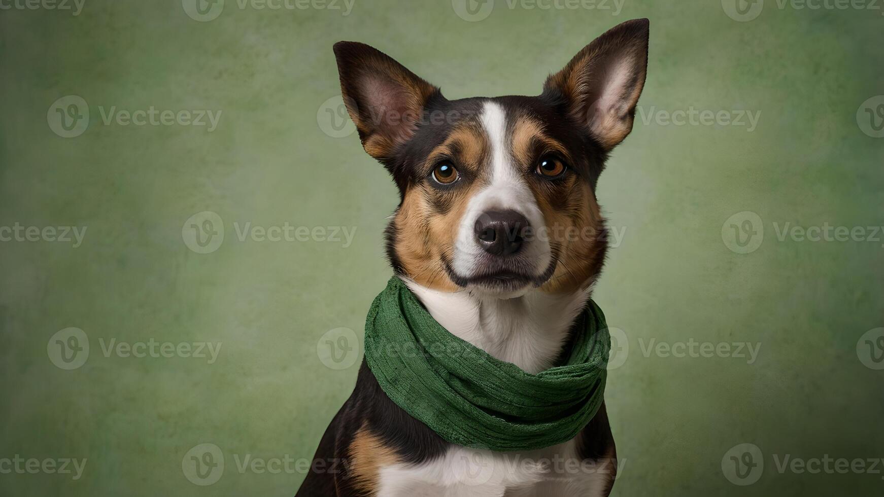 Portrait of a Cute Dog Wearing a Green Scarf photo