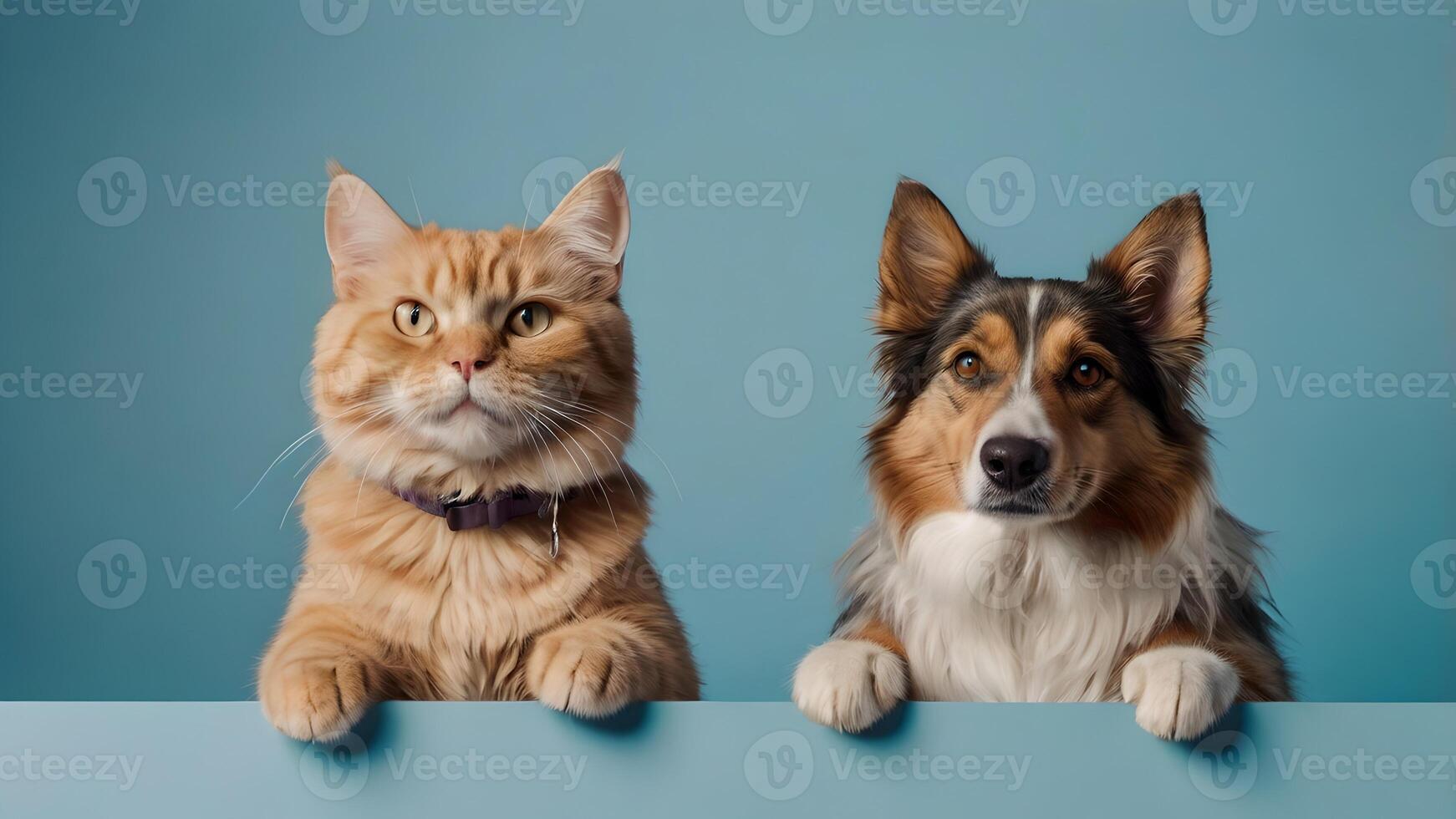 Cute Cat and Dog Paws Over Blank Summer Banner Blue Background photo