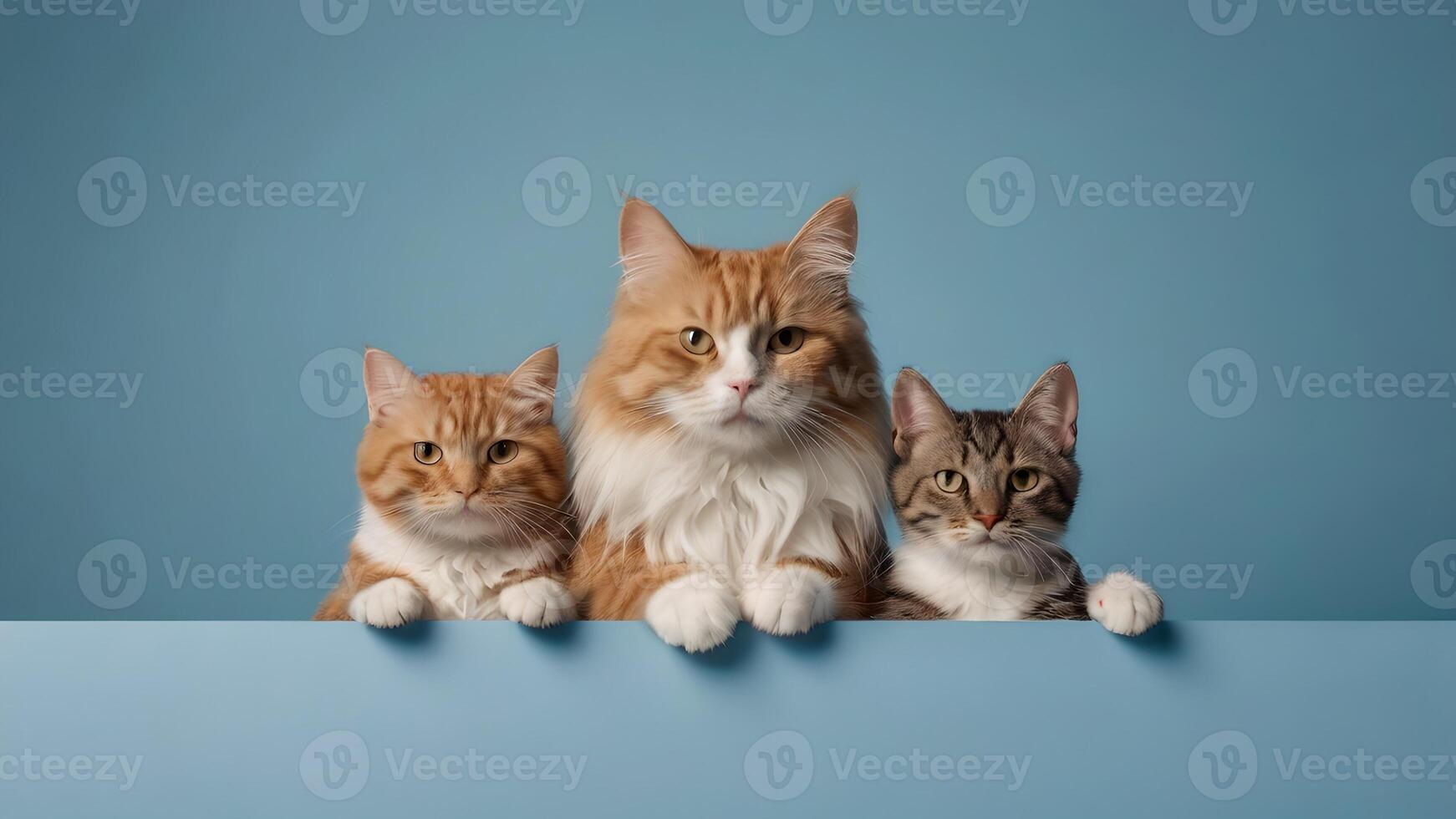 Three Adorable Kittens Peeking Over Blue Banner photo