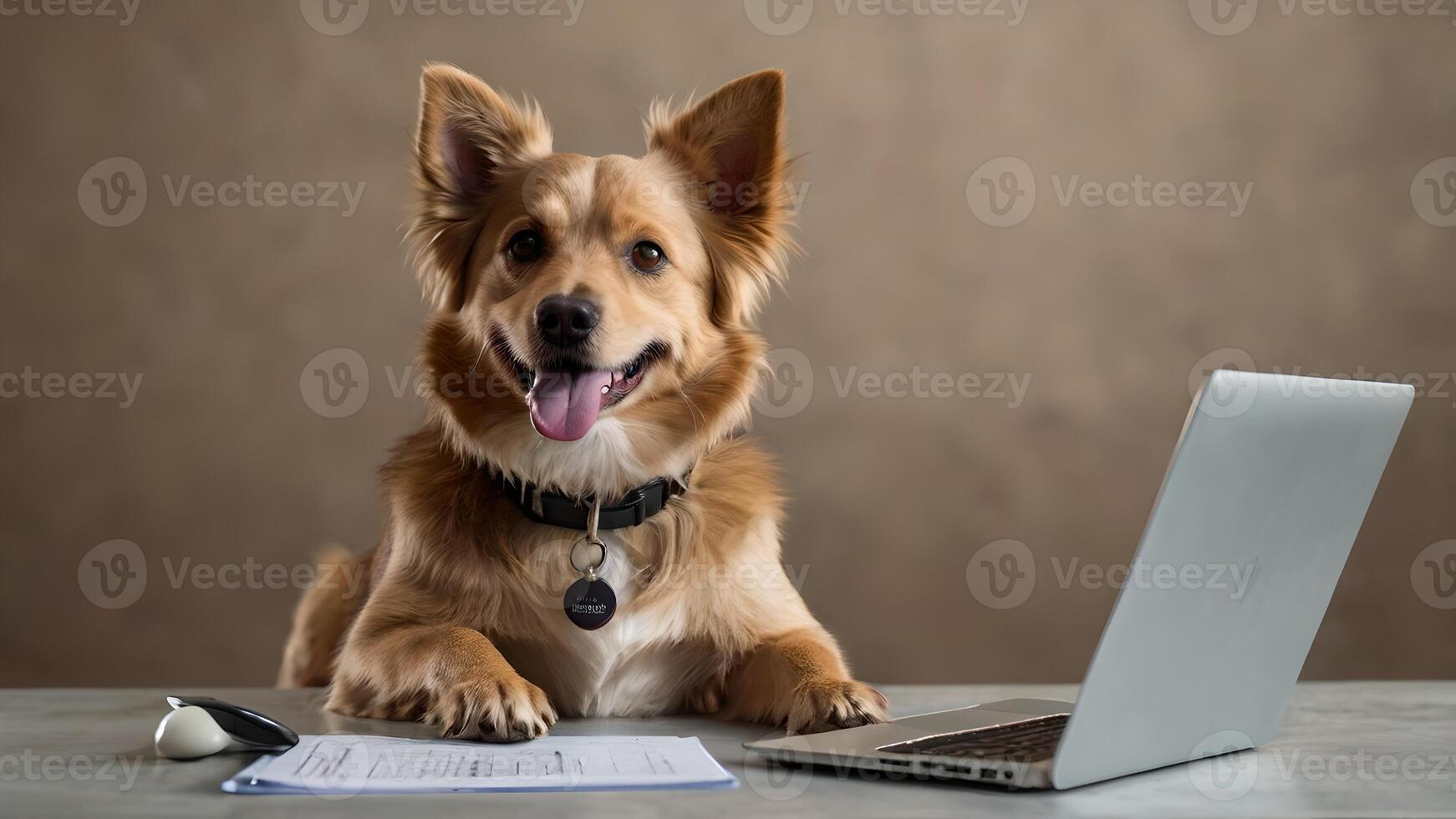 Happy Dog Working on Laptop in Office photo