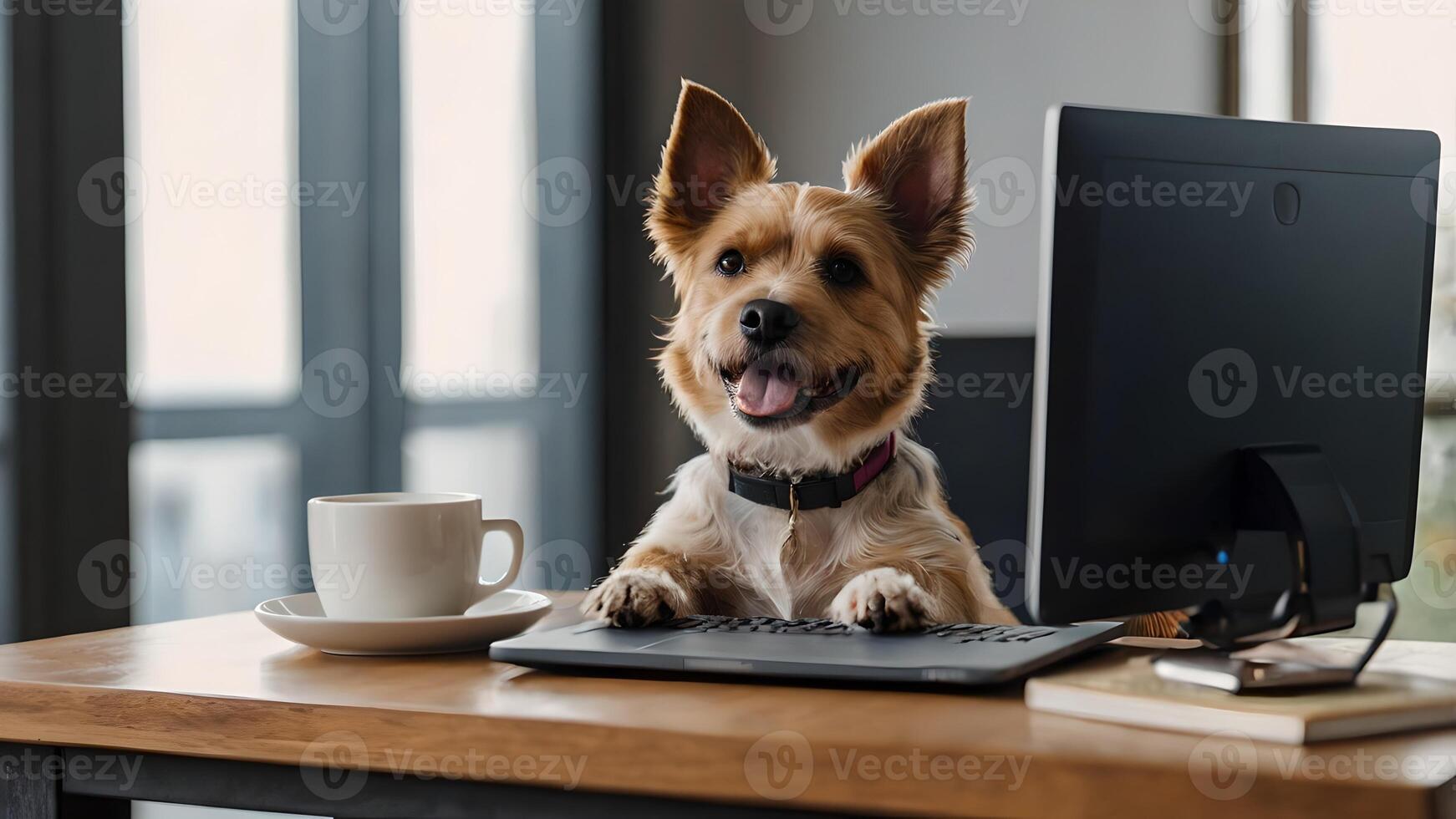 Happy Dog Working From Home on Laptop Computer photo