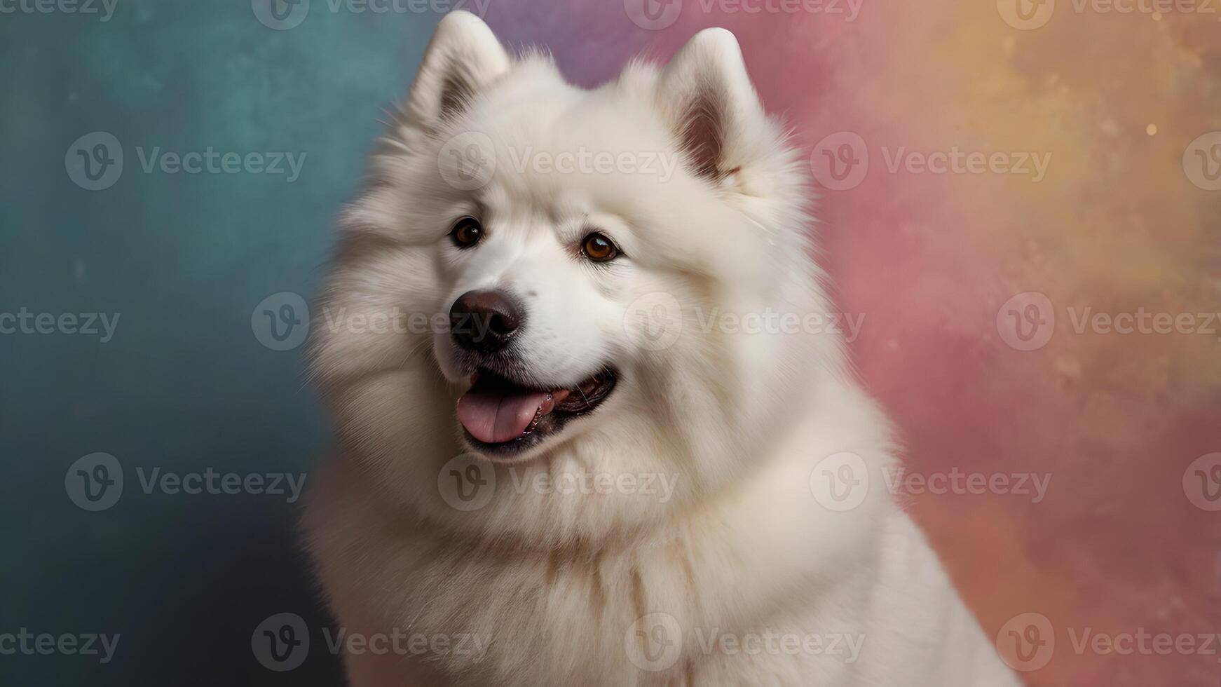 Adorable Samoyed Puppy Posing Against Vibrant Background photo
