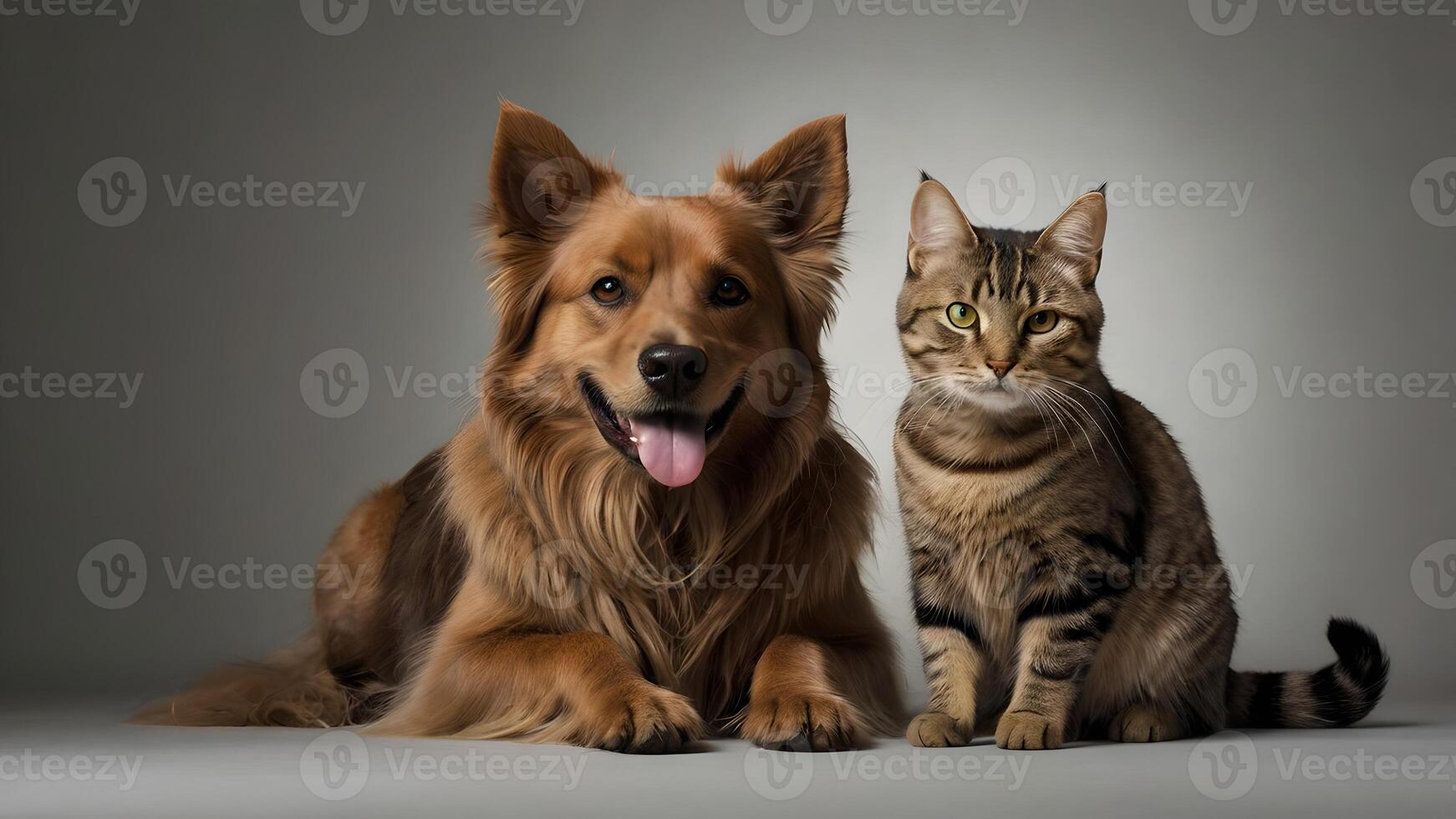 Happy Dog and Cat Posing Together in Studio photo