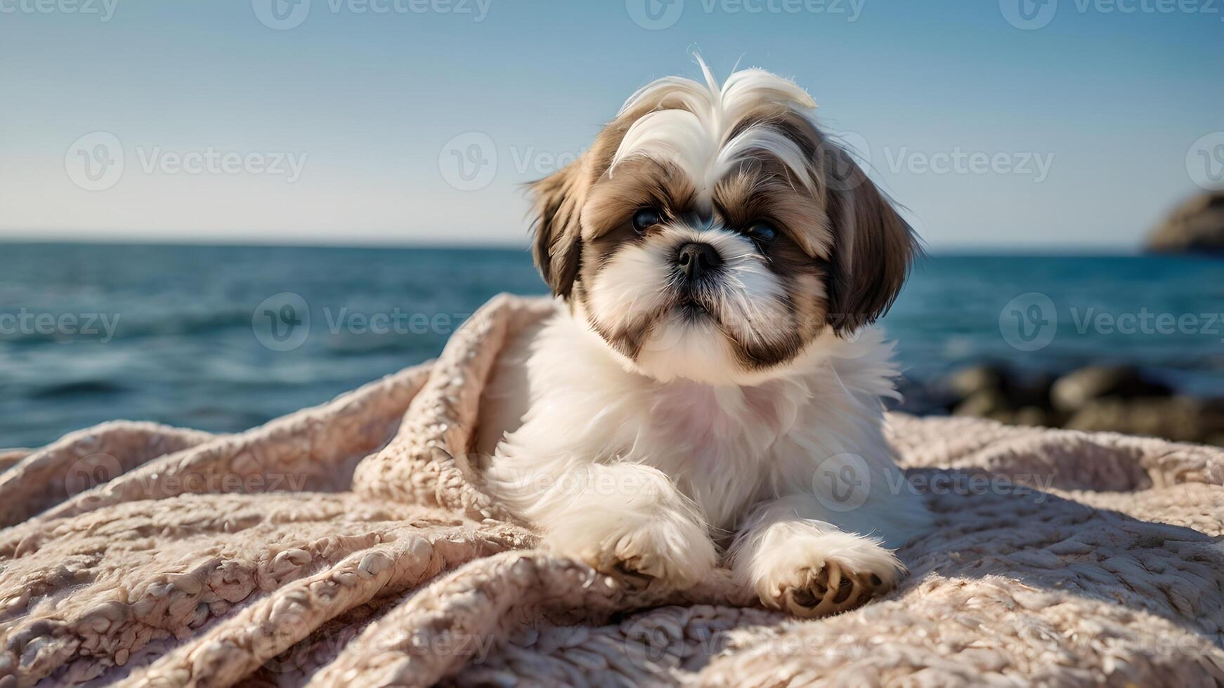 Adorable Shih Tzu Puppy Relaxing on Blanket Near Ocean photo