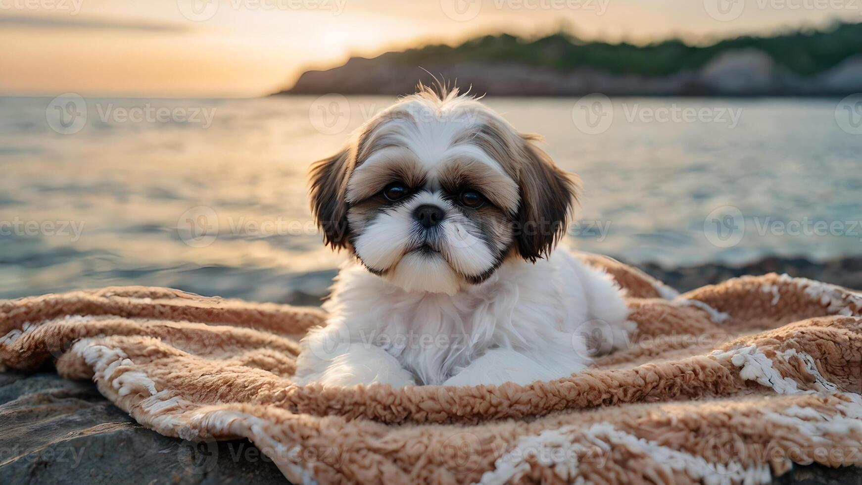 Adorable Shih Tzu Puppy Relaxing on Beach Blanket at Sunset photo
