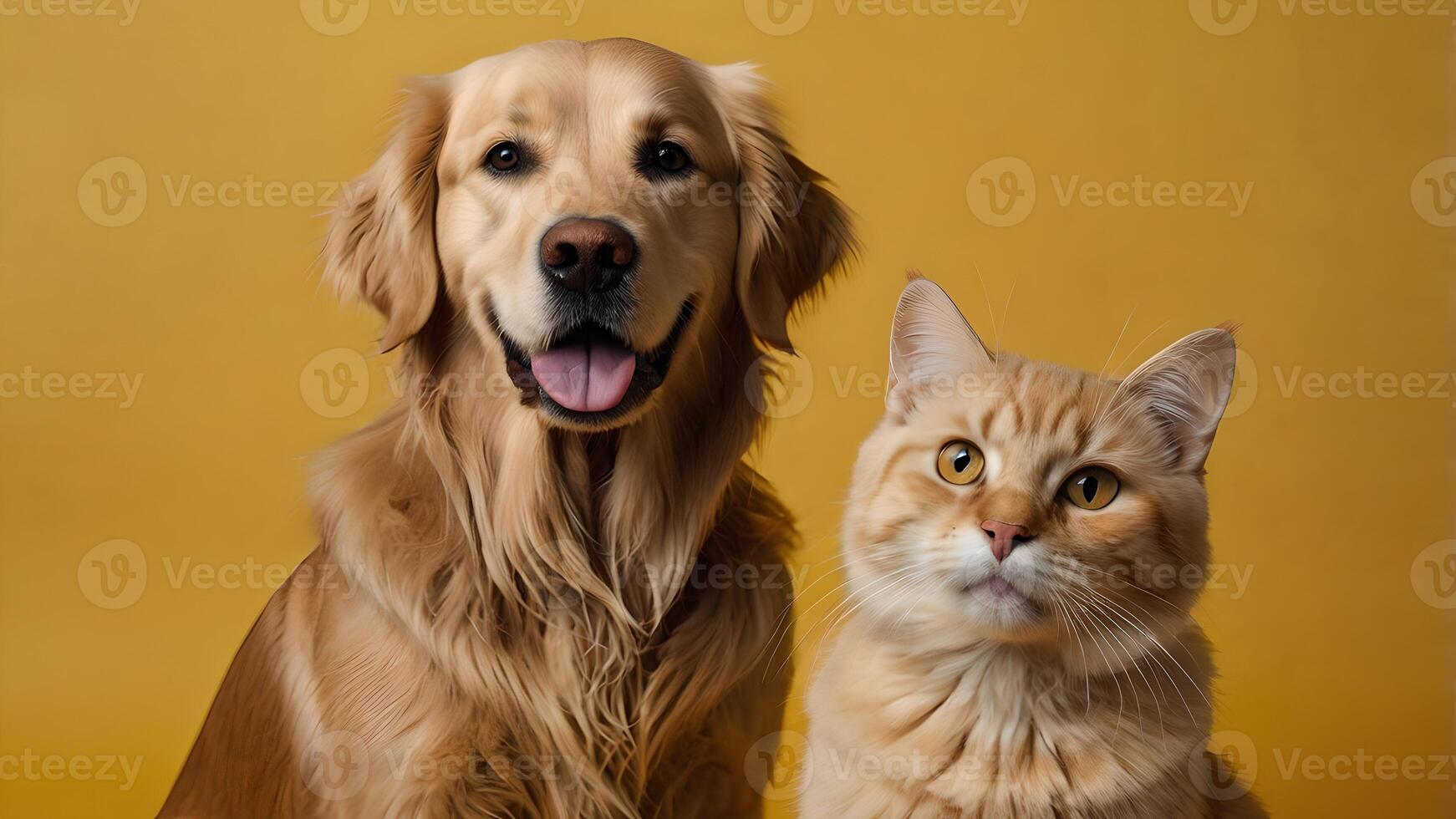 Golden Retriever and Ginger Cat Friends Posing Together on Yellow Background photo