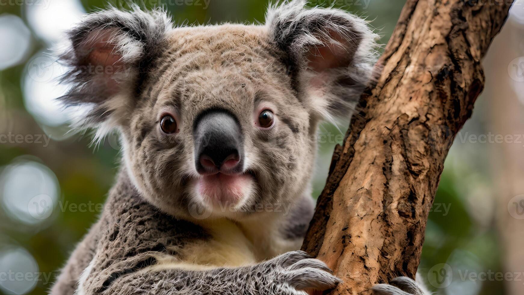Adorable Koala Hanging on Tree Branch in Australian Rainforest photo